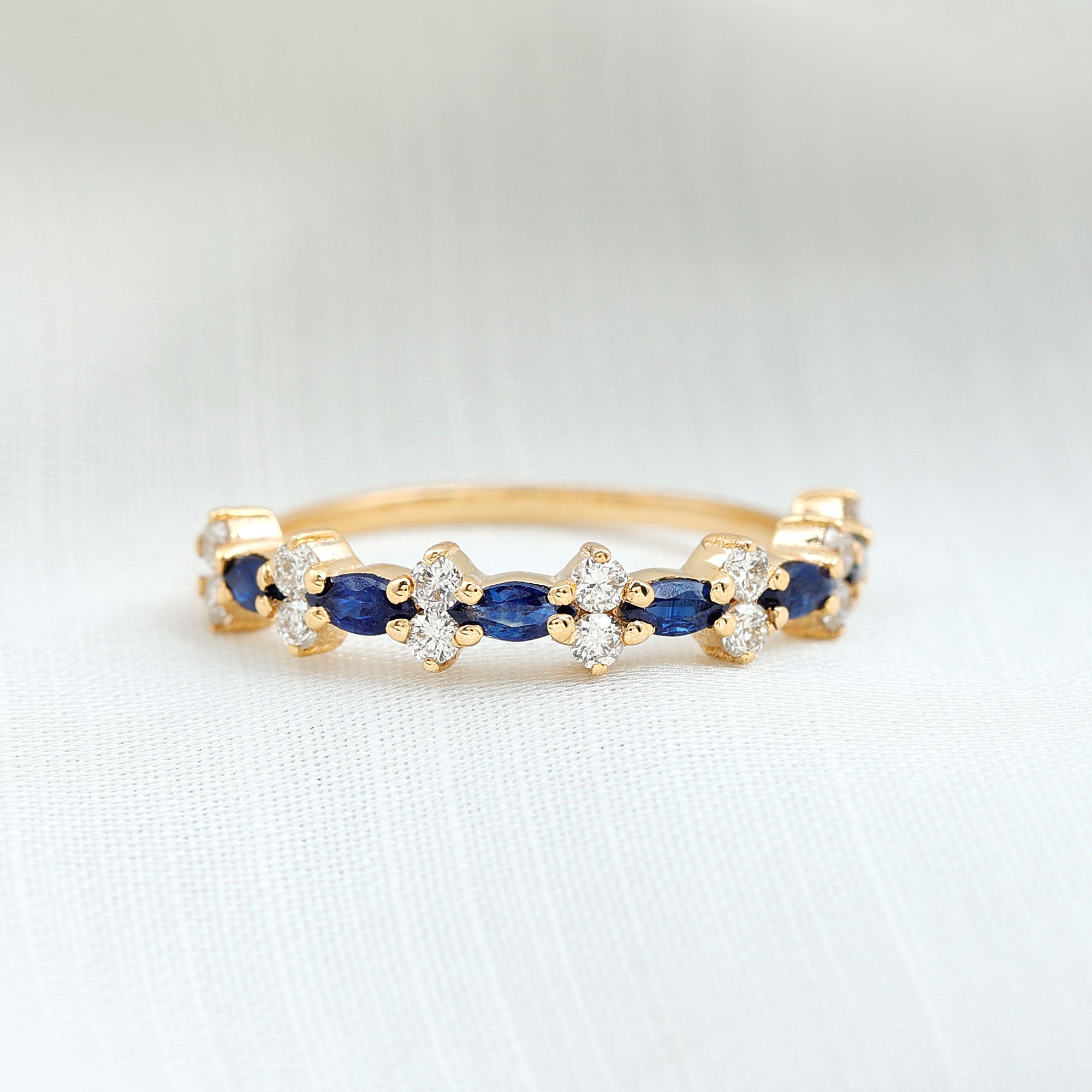 Classic Blue Sapphire and Diamond Half Eternity Ring Blue Sapphire - ( AAA ) - Quality - Rosec Jewels