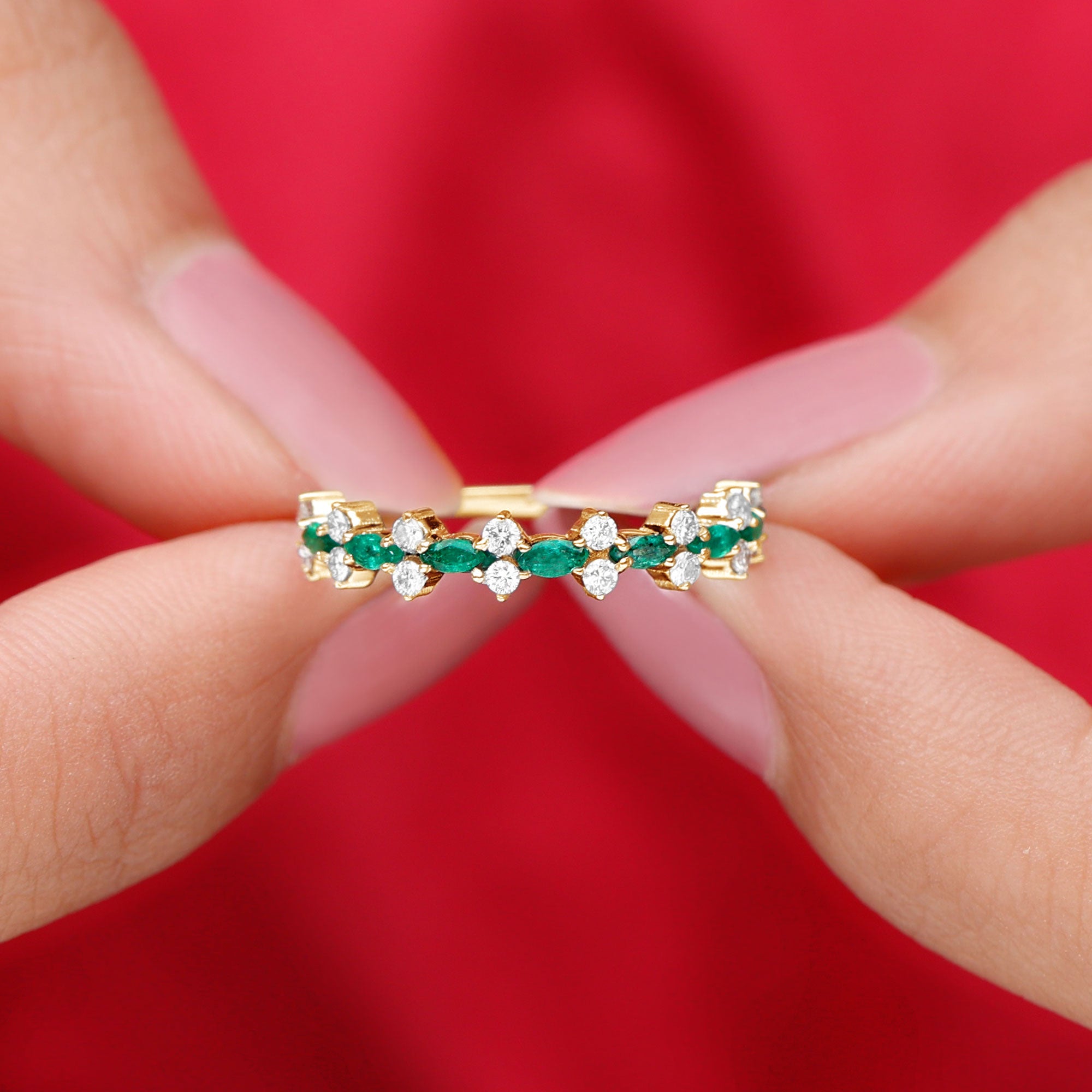 Green Emerald and Diamond Half Eternity Ring Emerald - ( AAA ) - Quality - Rosec Jewels