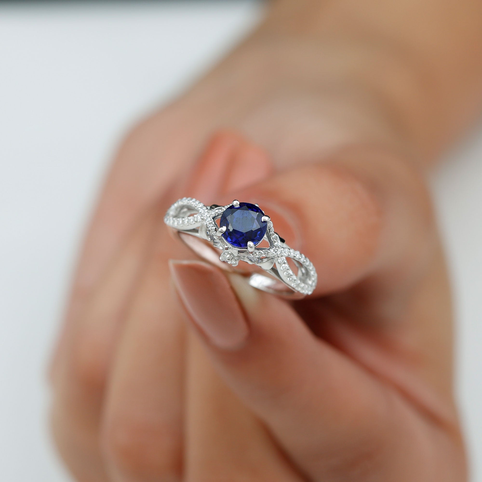 Lab Grown Blue Sapphire Crossover Engagement Ring with Diamond Lab Created Blue Sapphire - ( AAAA ) - Quality - Rosec Jewels