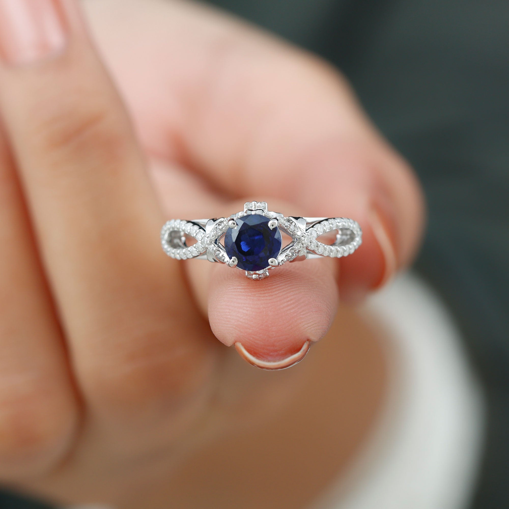 Lab Grown Blue Sapphire Crossover Engagement Ring with Diamond Lab Created Blue Sapphire - ( AAAA ) - Quality - Rosec Jewels