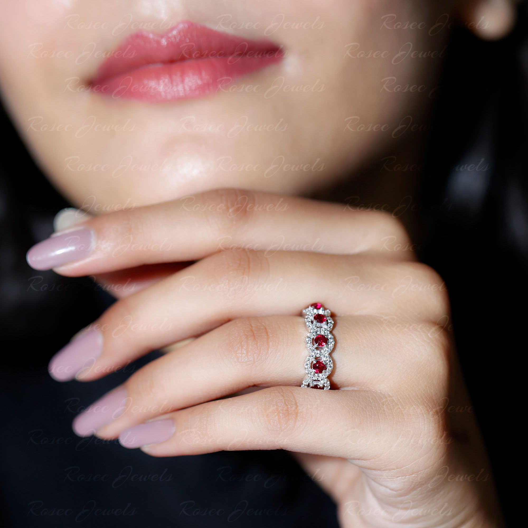 Classic Lab Grown Ruby and Diamond Halo Half Eternity Ring Lab Created Ruby - ( AAAA ) - Quality - Rosec Jewels