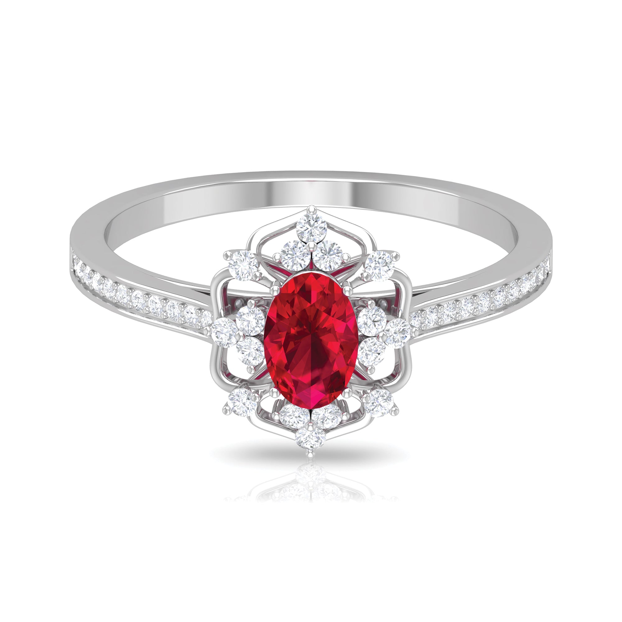 Flower Vintage Ruby Engagement Ring with Diamond Ruby - ( AAA ) - Quality - Rosec Jewels