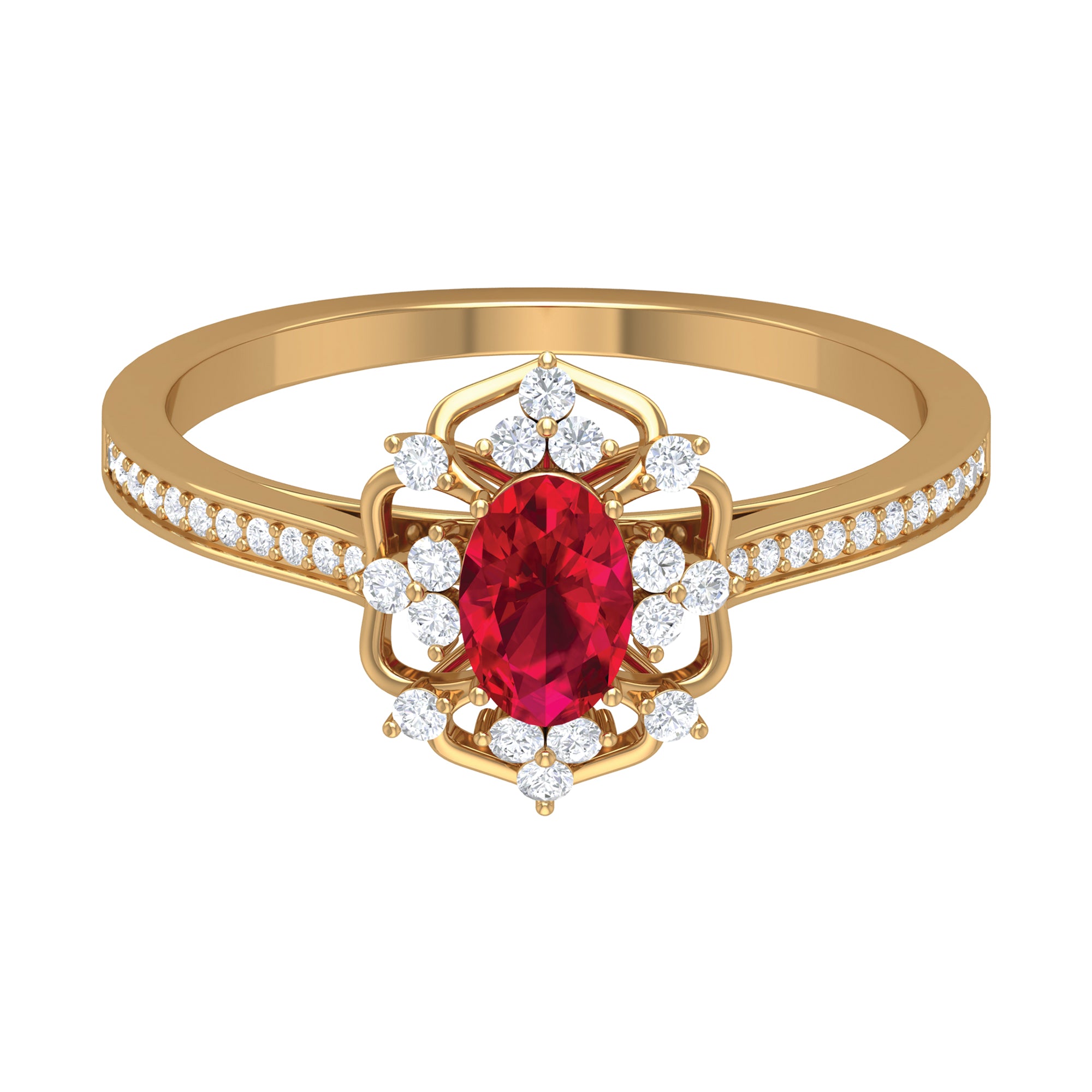 Flower Vintage Ruby Engagement Ring with Diamond Ruby - ( AAA ) - Quality - Rosec Jewels