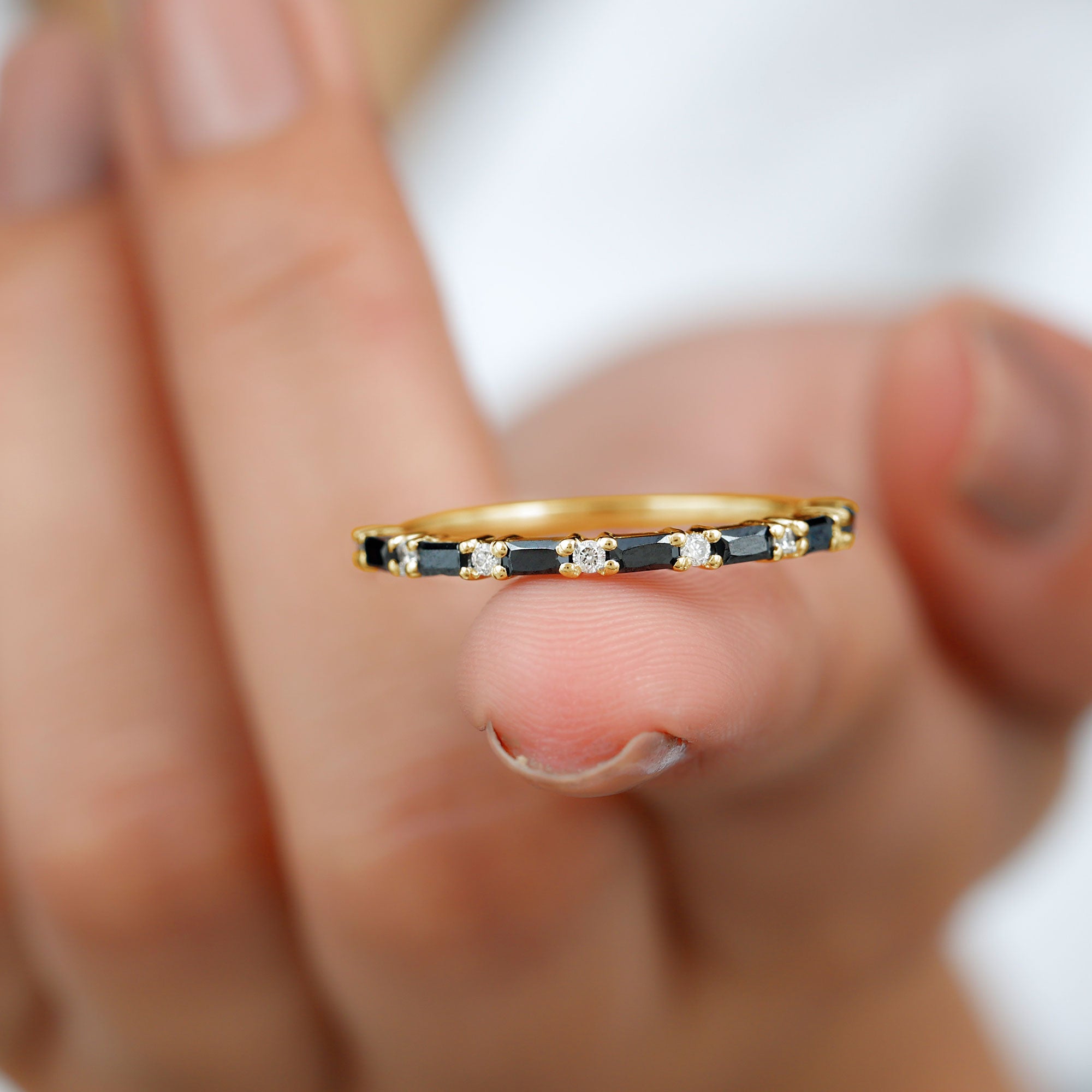 Lab Grown Black Diamond and Diamond Minimal Half Eternity Ring Lab Created Black Diamond - ( AAAA ) - Quality - Rosec Jewels