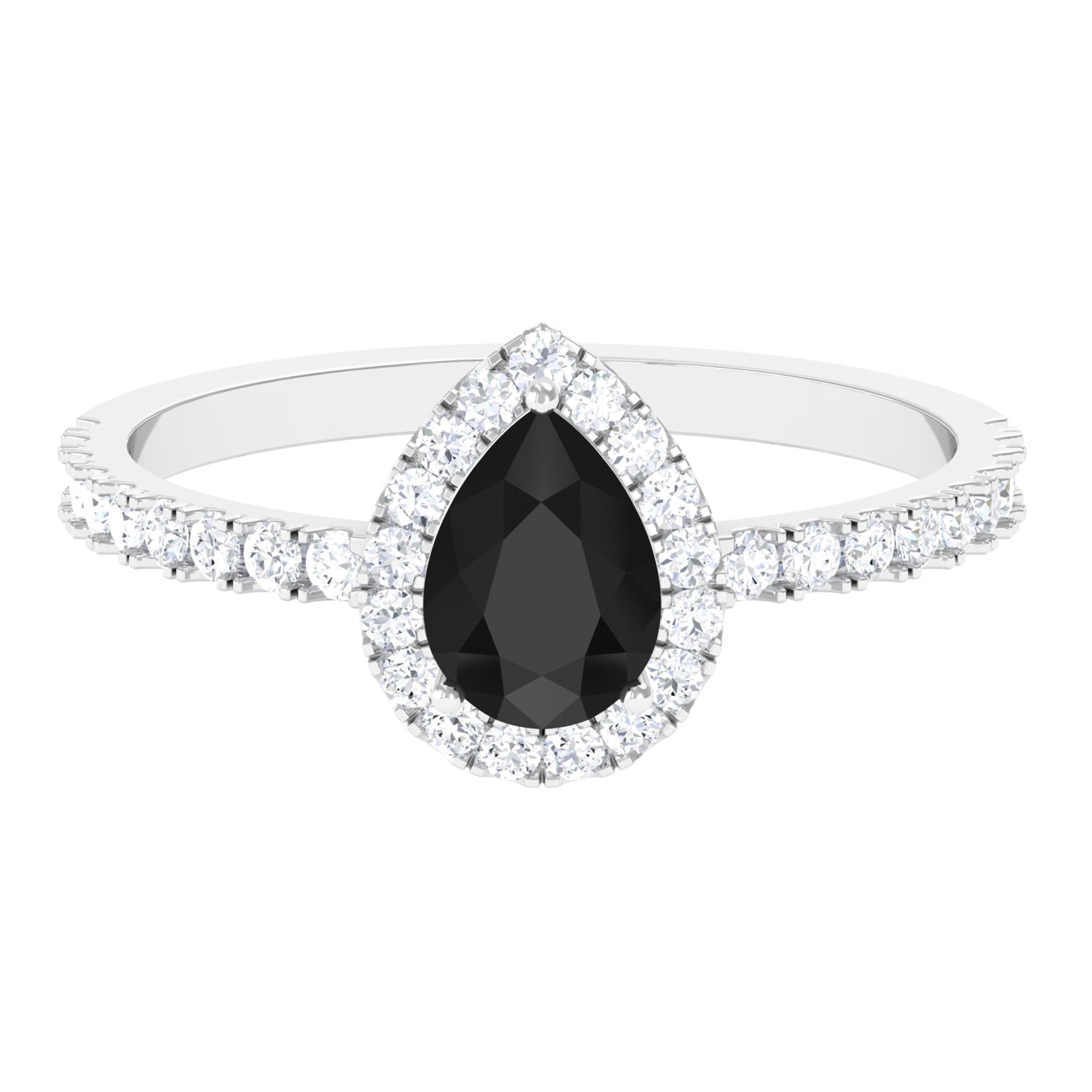 Genuine Black Onyx Teardrop Engagement Ring with Diamond Black Onyx - ( AAA ) - Quality - Rosec Jewels