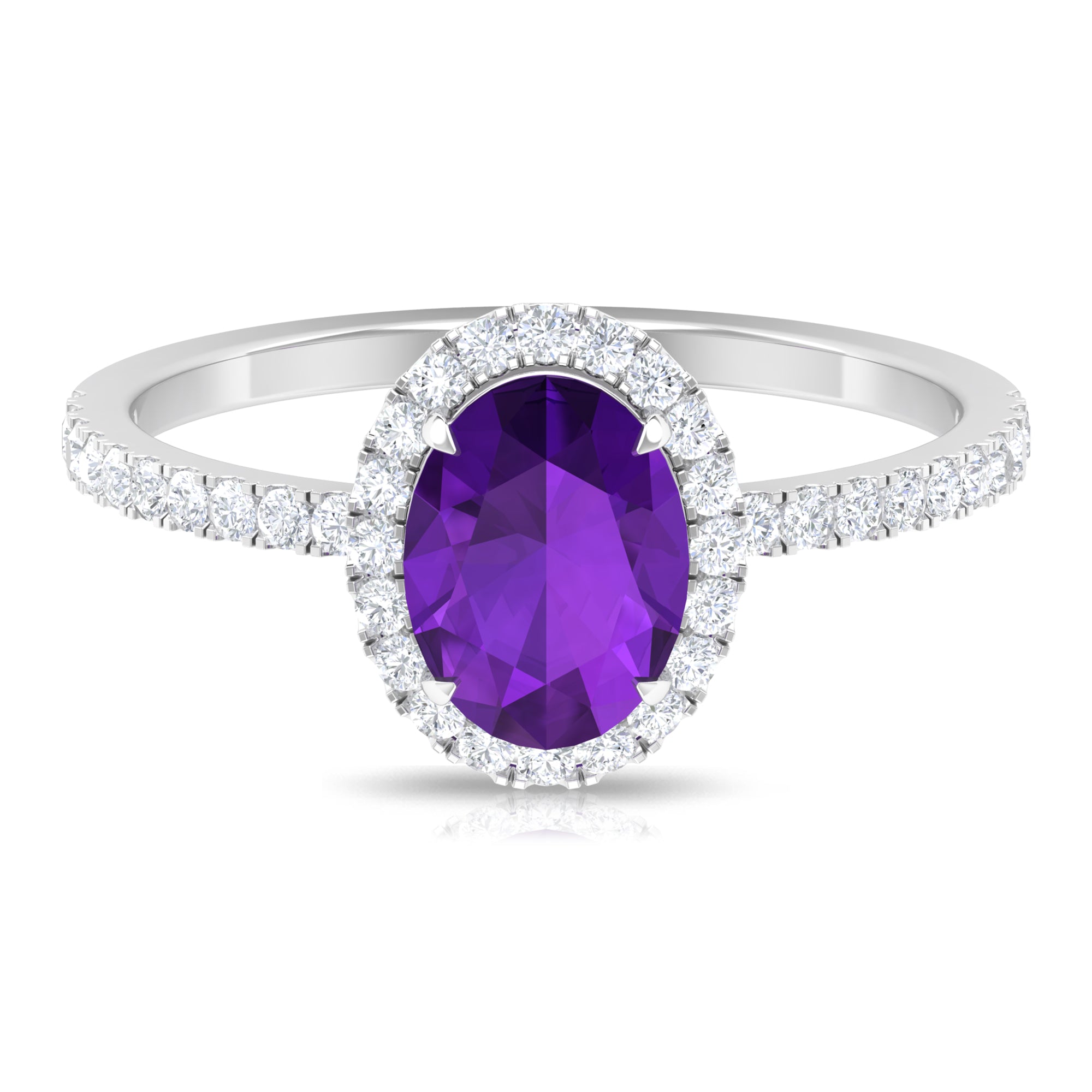 Oval Amethyst Halo Engagement Ring with Diamond Amethyst - ( AAA ) - Quality - Rosec Jewels