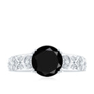 Round Black Onyx Floral Engagement Ring with Diamond Black Onyx - ( AAA ) - Quality - Rosec Jewels