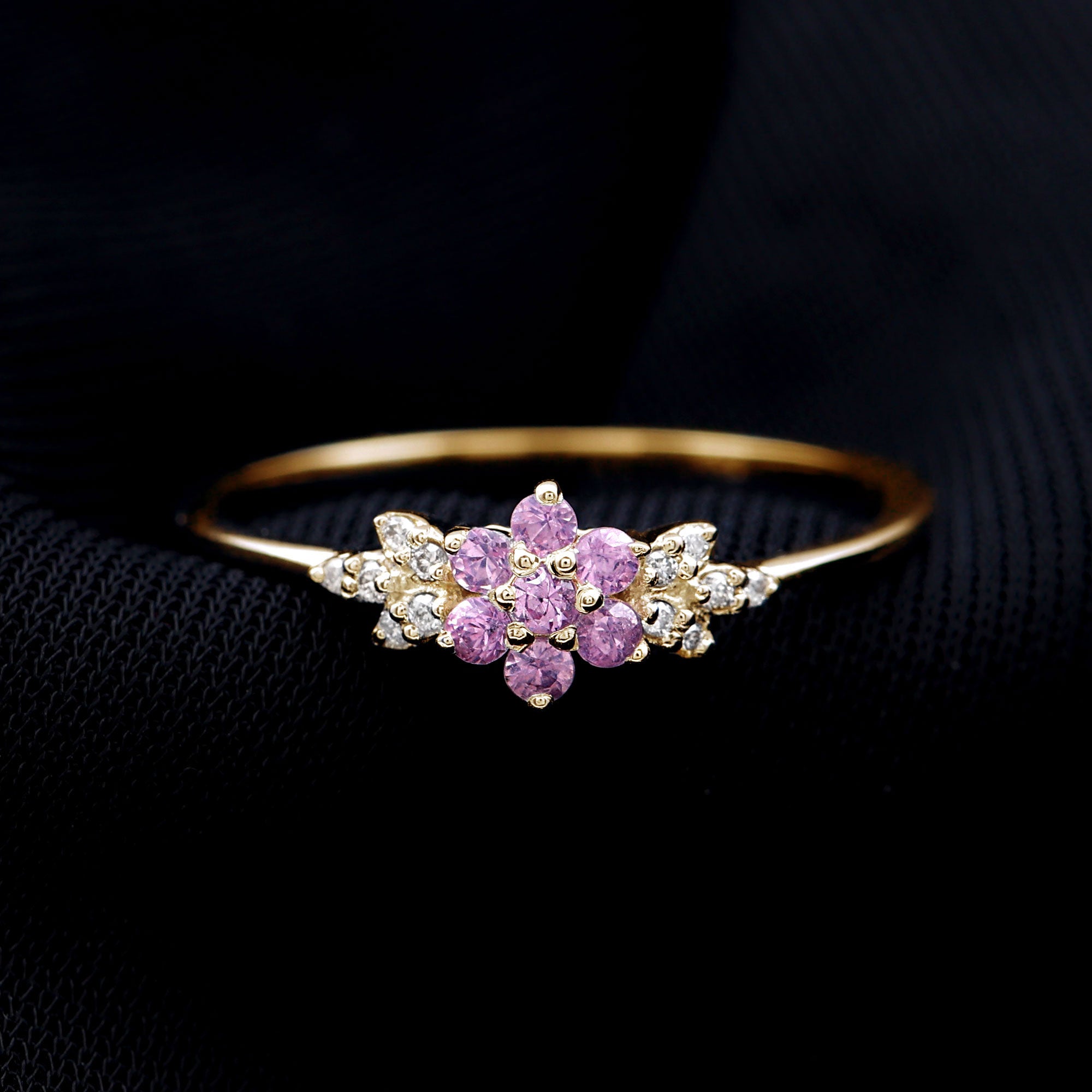 Pink Sapphire Flower Cluster Promise Ring with Diamond Pink Sapphire - ( AAA ) - Quality - Rosec Jewels