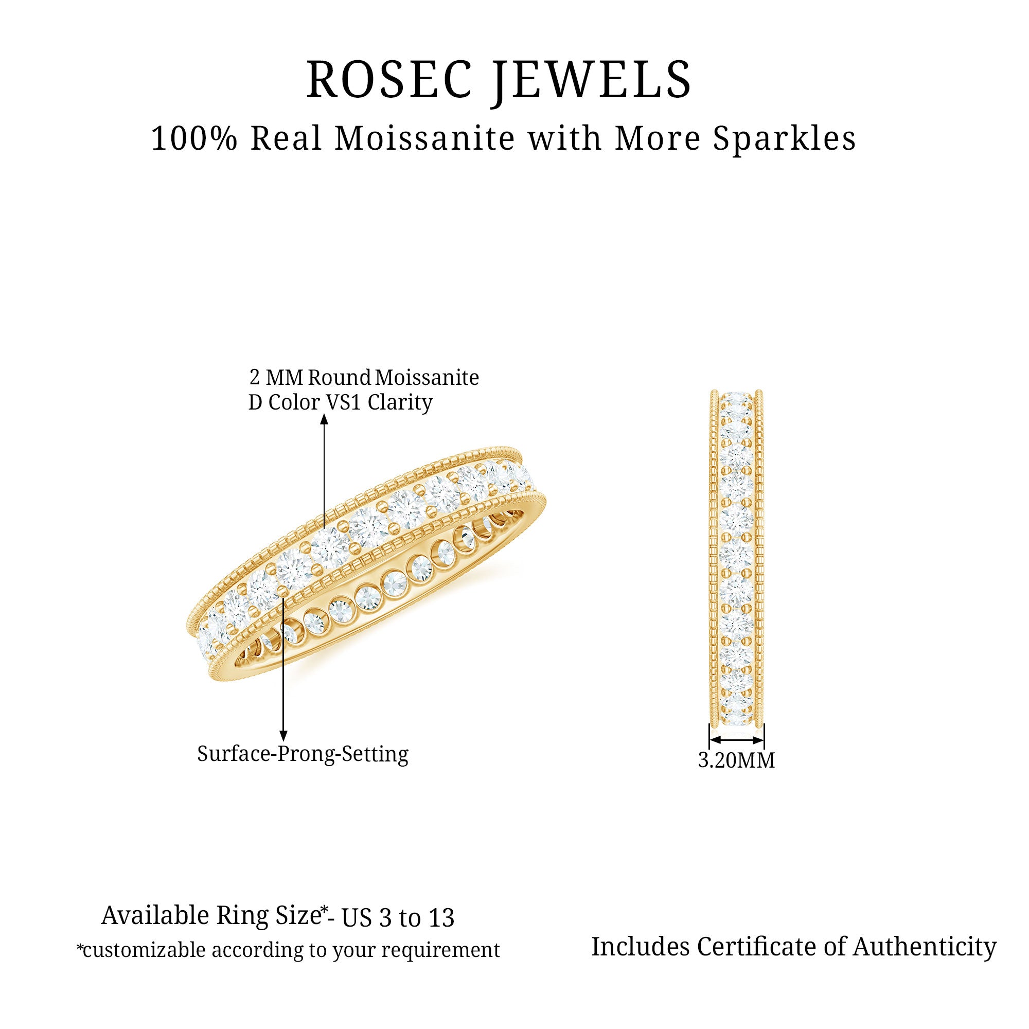 Moissanite Simple Band Ring with Milgrain Detailing Moissanite - ( D-VS1 ) - Color and Clarity - Rosec Jewels