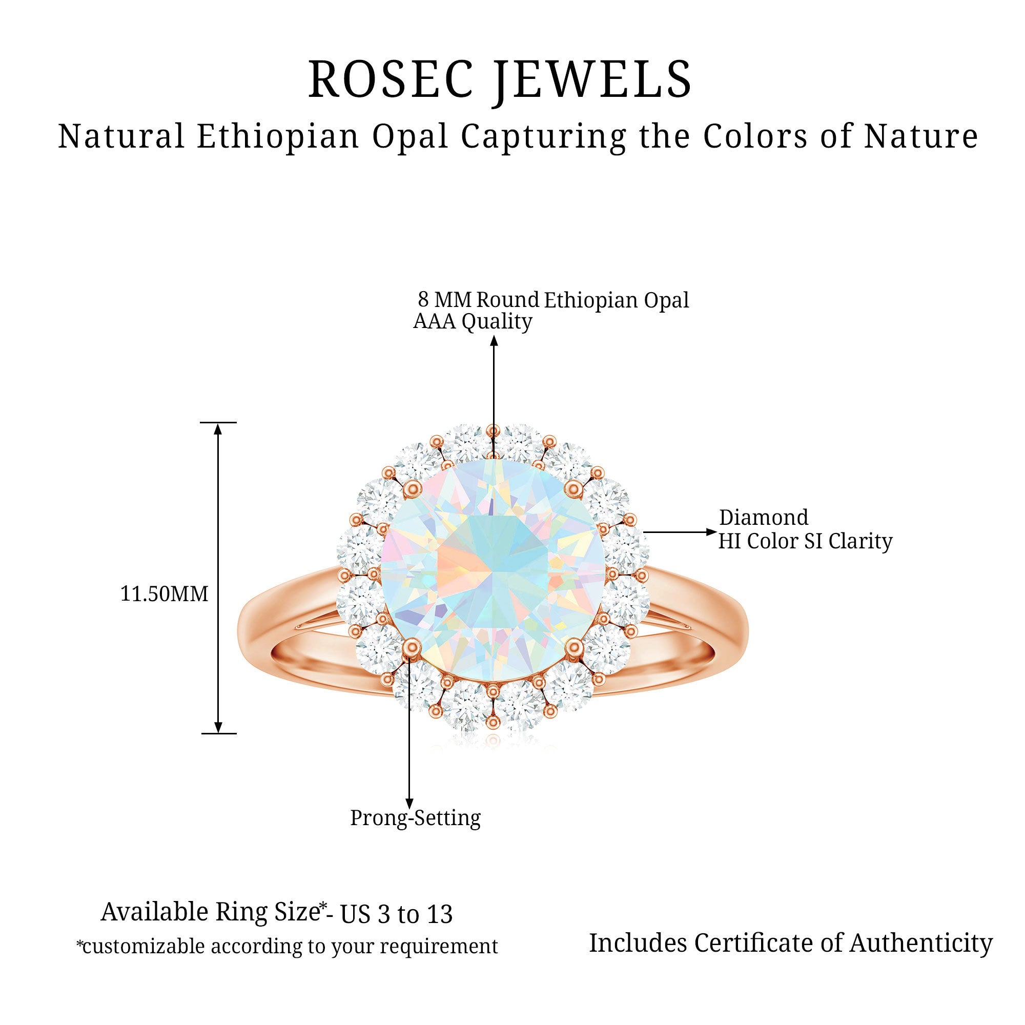 2.50 CT Round Shape Ethiopian Opal and Diamond Engagement Ring Ethiopian Opal - ( AAA ) - Quality - Rosec Jewels