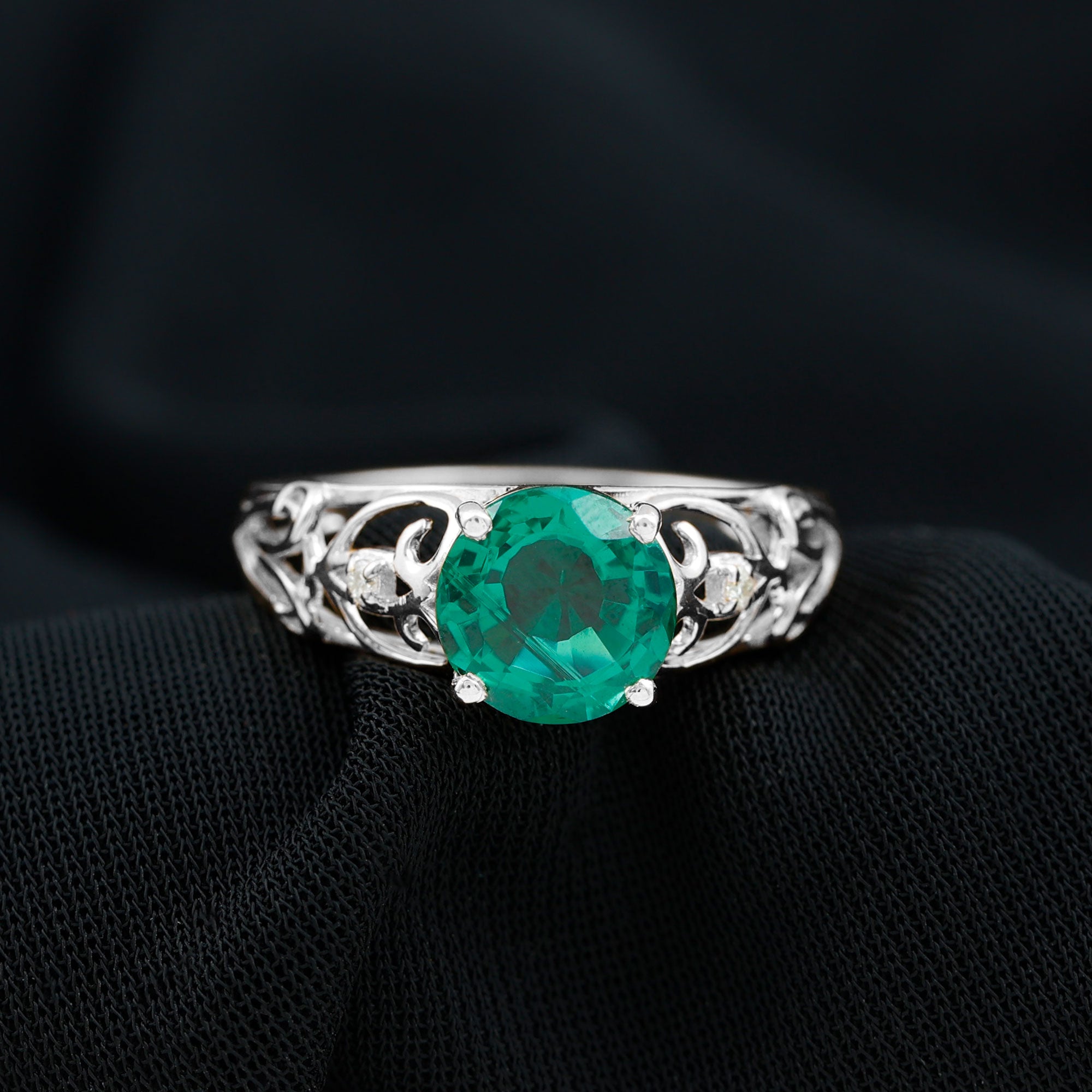 Antique Style Lab Grown Emerald and Diamond Solitaire Ring Lab Created Emerald - ( AAAA ) - Quality - Rosec Jewels