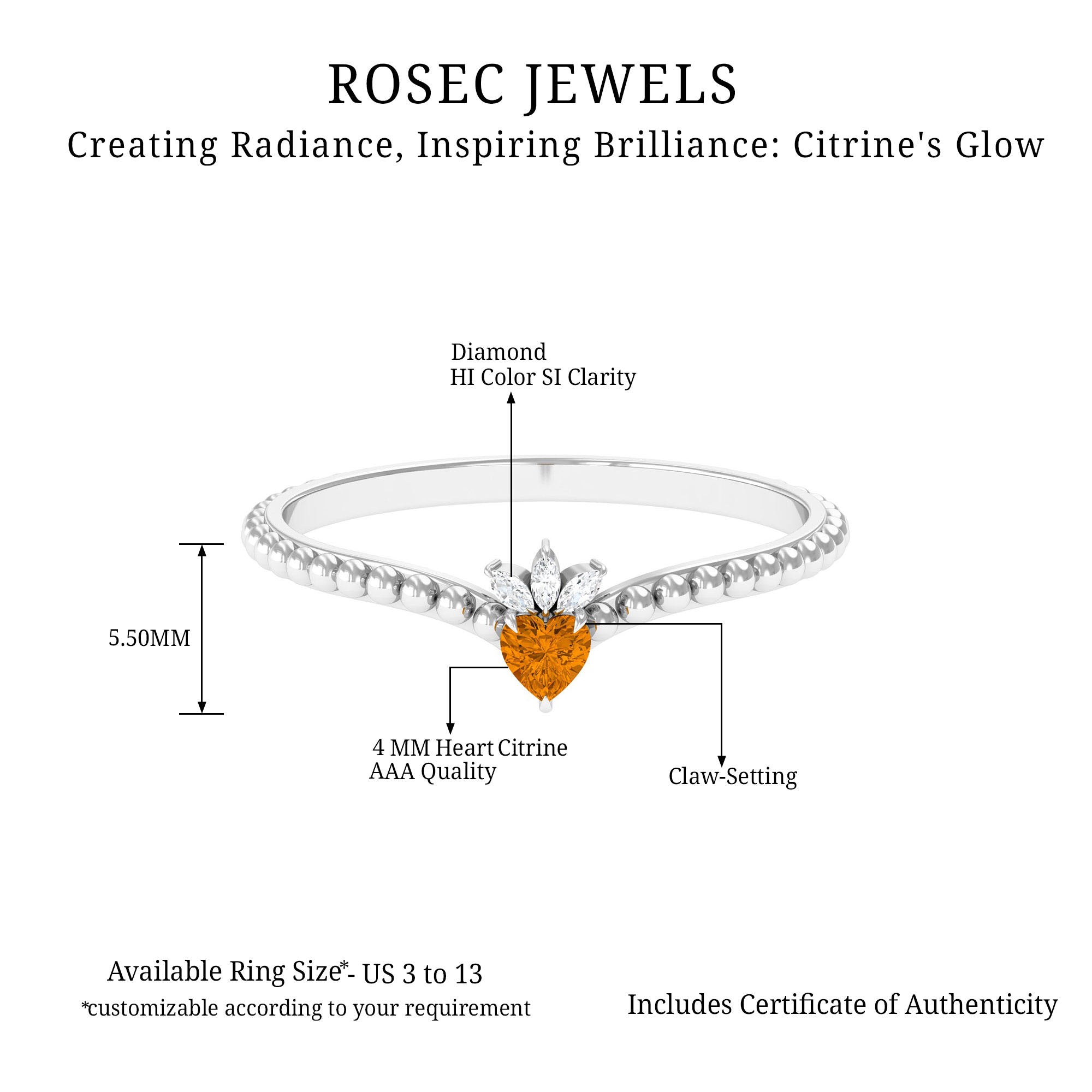 Heart Shape Citrine and Diamond Dainty Promise Ring with Beaded Detailing Citrine - ( AAA ) - Quality - Rosec Jewels