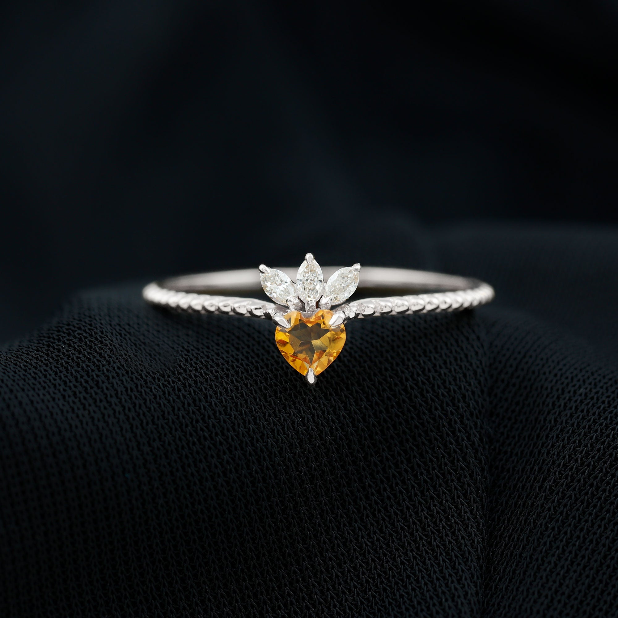 Heart Shape Citrine and Diamond Dainty Promise Ring with Beaded Detailing Citrine - ( AAA ) - Quality - Rosec Jewels