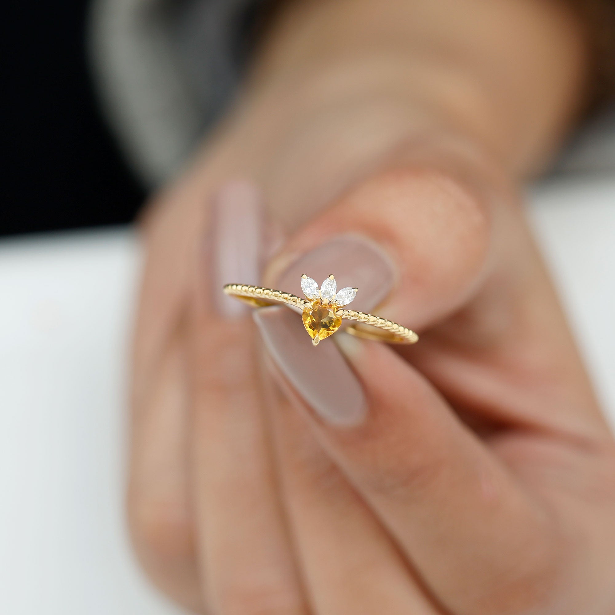 Heart Shape Citrine and Diamond Dainty Promise Ring with Beaded Detailing Citrine - ( AAA ) - Quality - Rosec Jewels