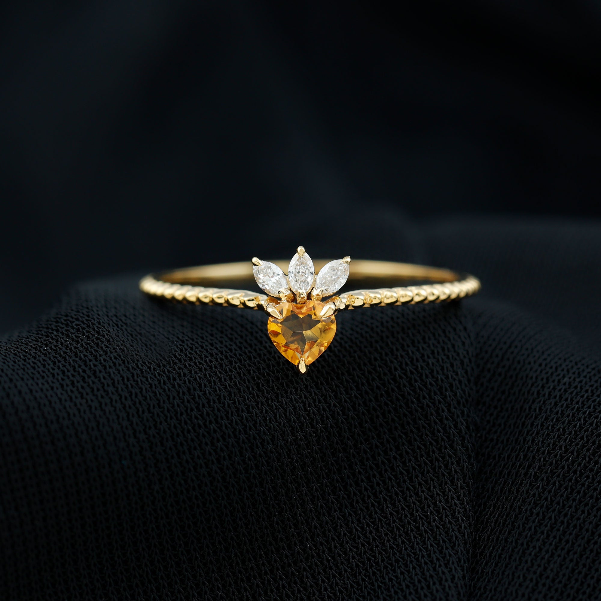 Heart Shape Citrine and Diamond Dainty Promise Ring with Beaded Detailing Citrine - ( AAA ) - Quality - Rosec Jewels