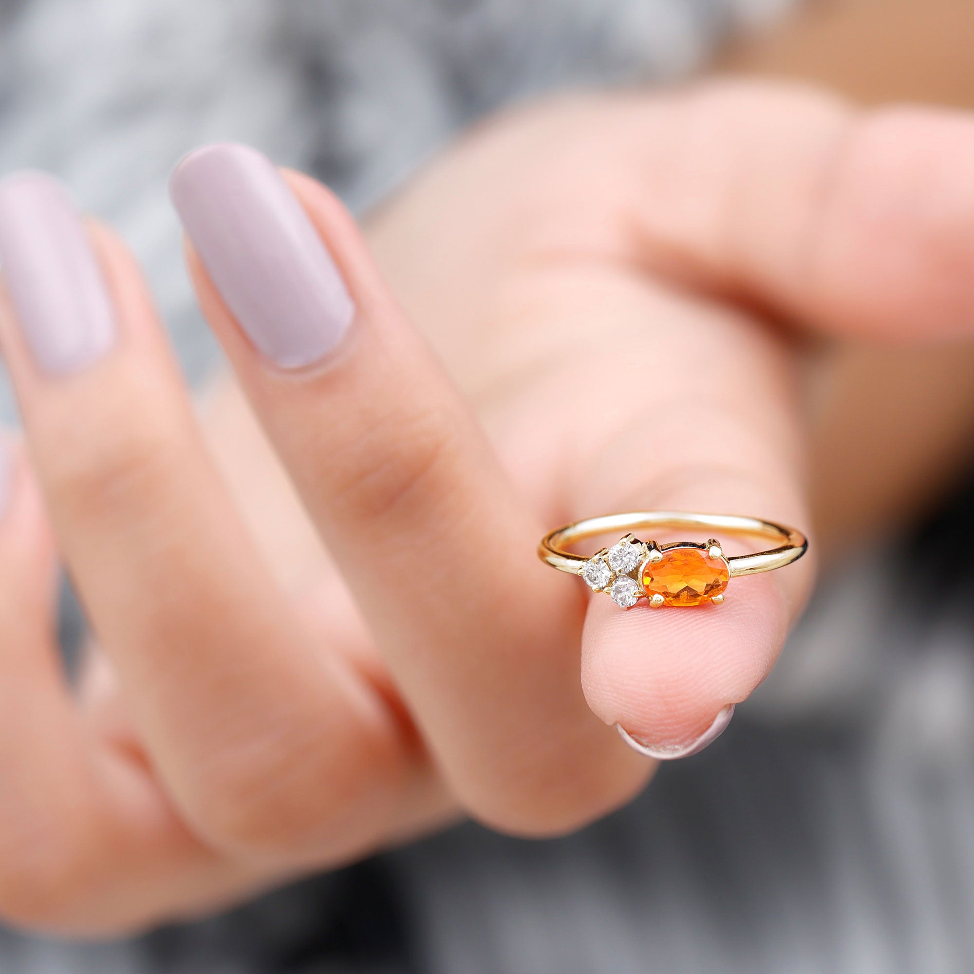 Oval Cut Fire Opal Minimal Ring with Diamond Trio Fire Opal - ( AAA ) - Quality - Rosec Jewels