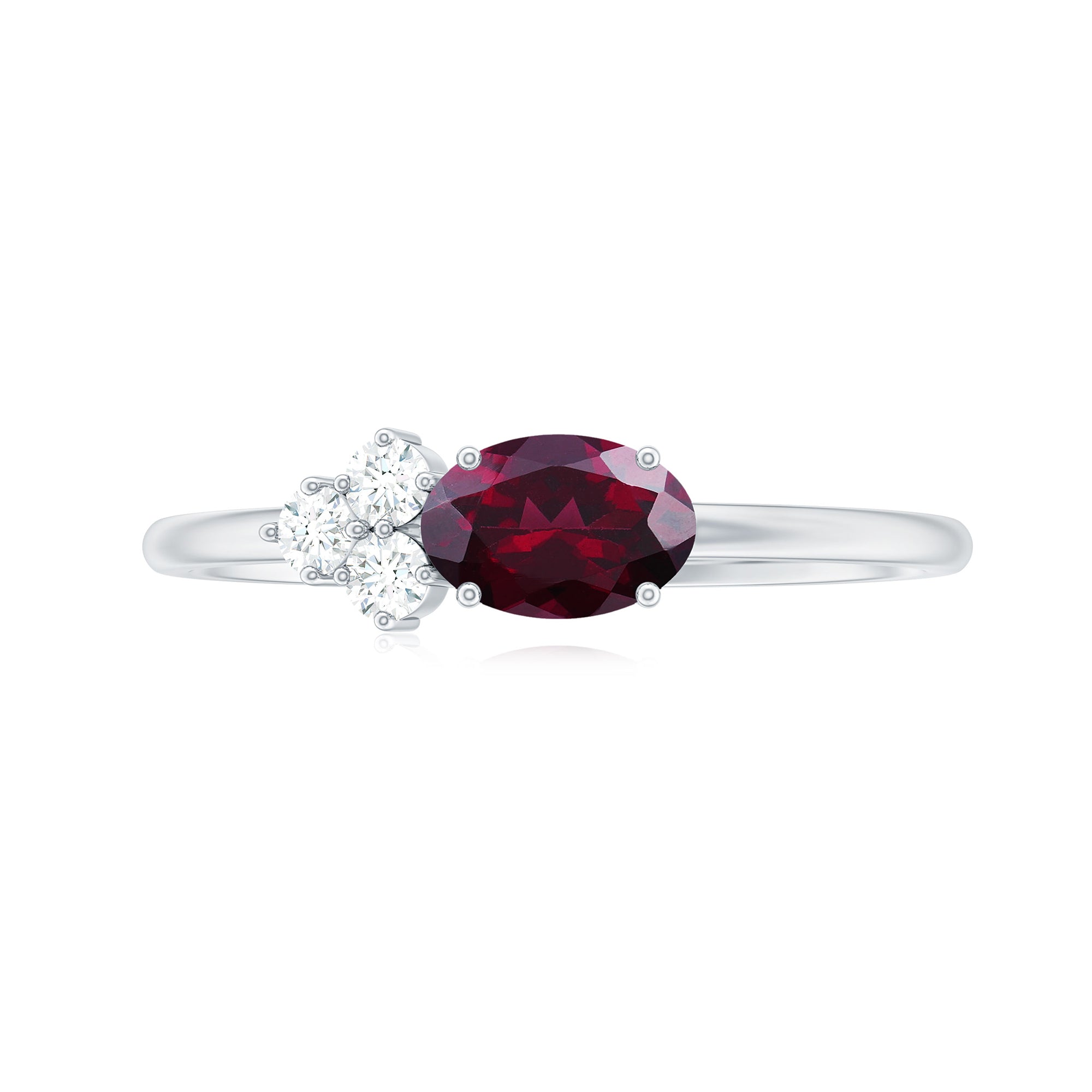 1.25 CT Oval Rhodolite Minimal East West Ring with Diamond Trio Rhodolite - ( AAA ) - Quality - Rosec Jewels