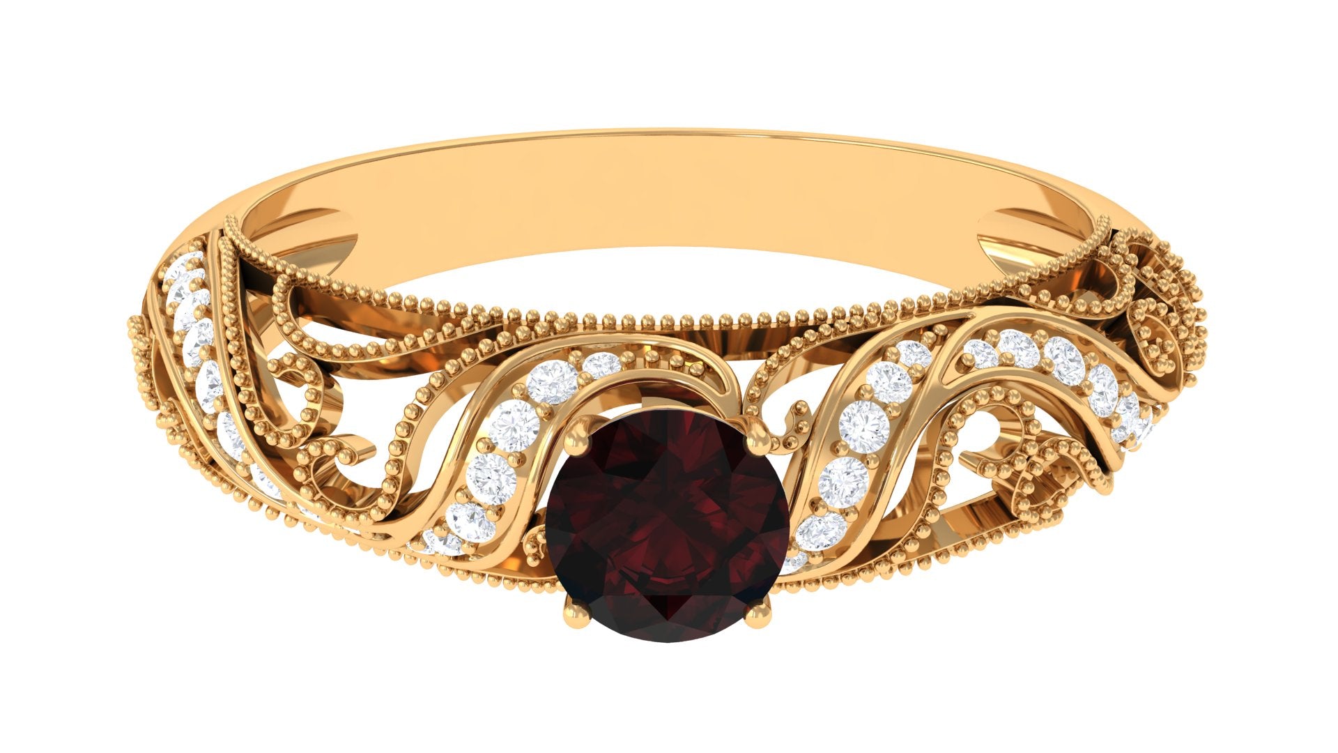 Round Garnet Vintage Inspired Engagement Ring with Diamond Garnet - ( AAA ) - Quality - Rosec Jewels