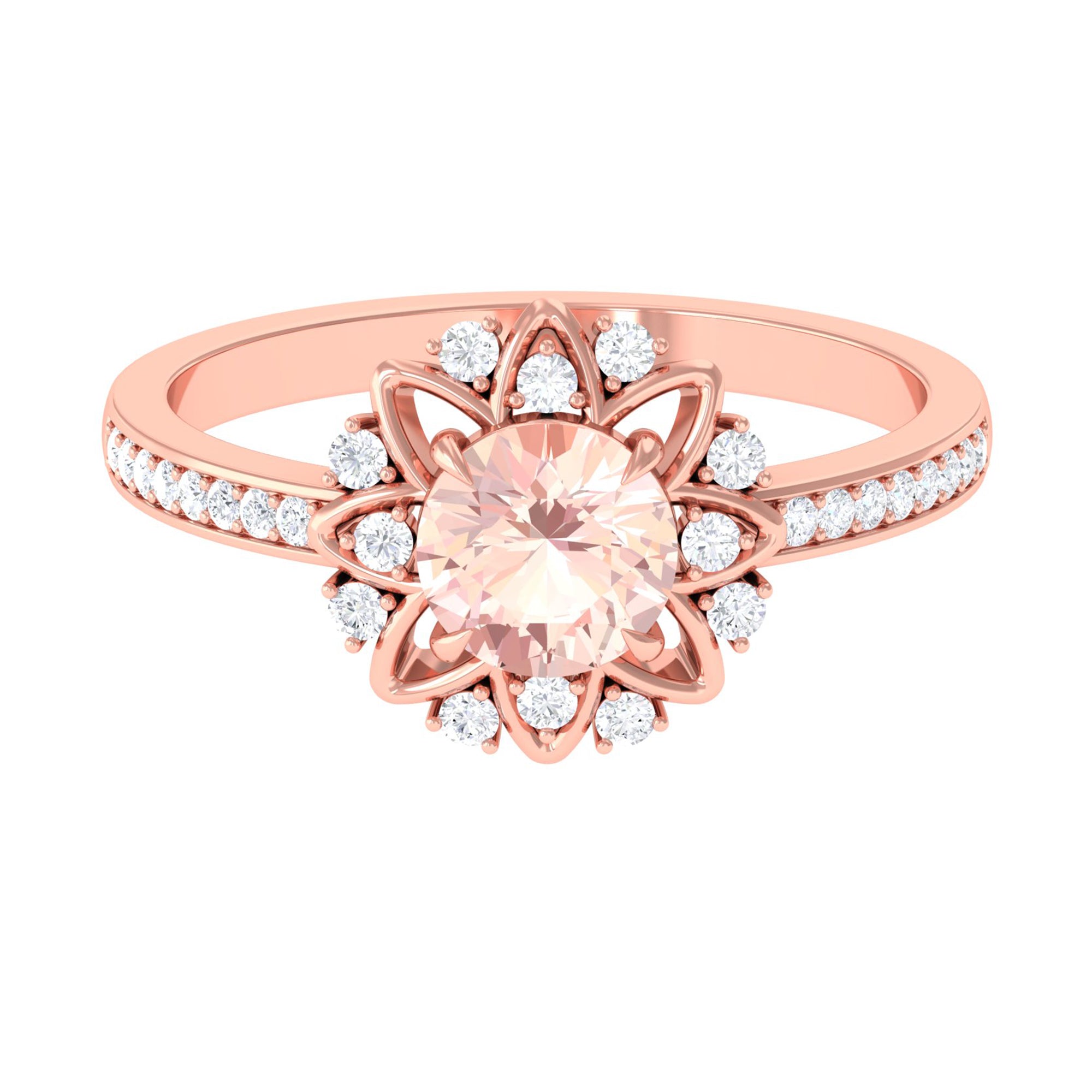 Round Morganite and Diamond Flower Engagement Ring Morganite - ( AAA ) - Quality - Rosec Jewels