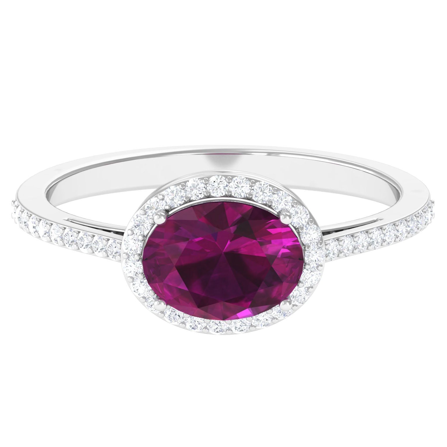 Oval Cut Natural Rhodolite East West Ring with Diamond Halo Rhodolite - ( AAA ) - Quality - Rosec Jewels