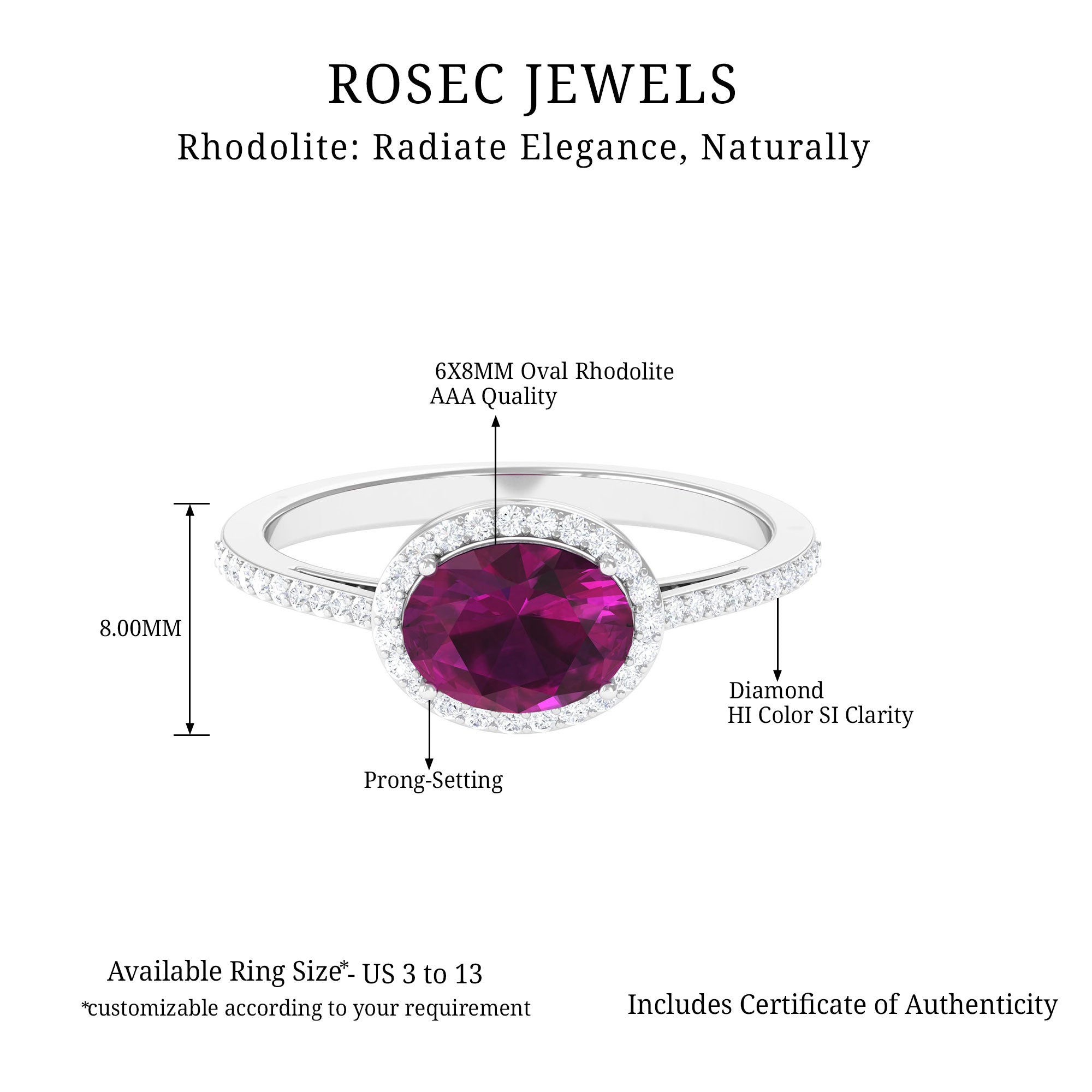 Oval Cut Natural Rhodolite East West Ring with Diamond Halo Rhodolite - ( AAA ) - Quality - Rosec Jewels