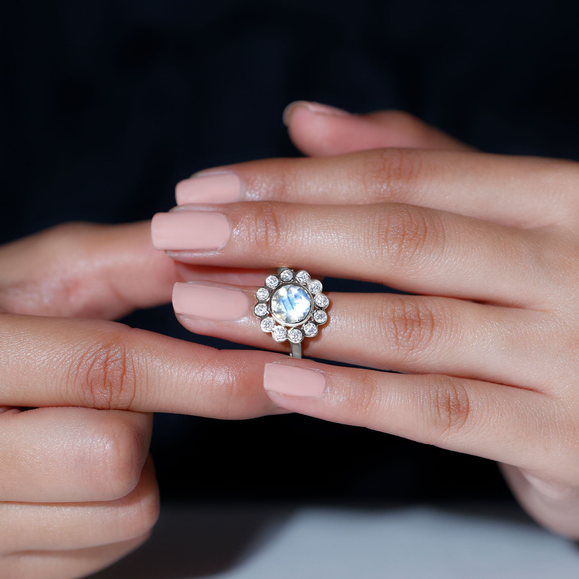 1.75 CT Round Moonstone and Diamond Statement Halo Ring in Bezel Setting Moonstone - ( AAA ) - Quality - Rosec Jewels