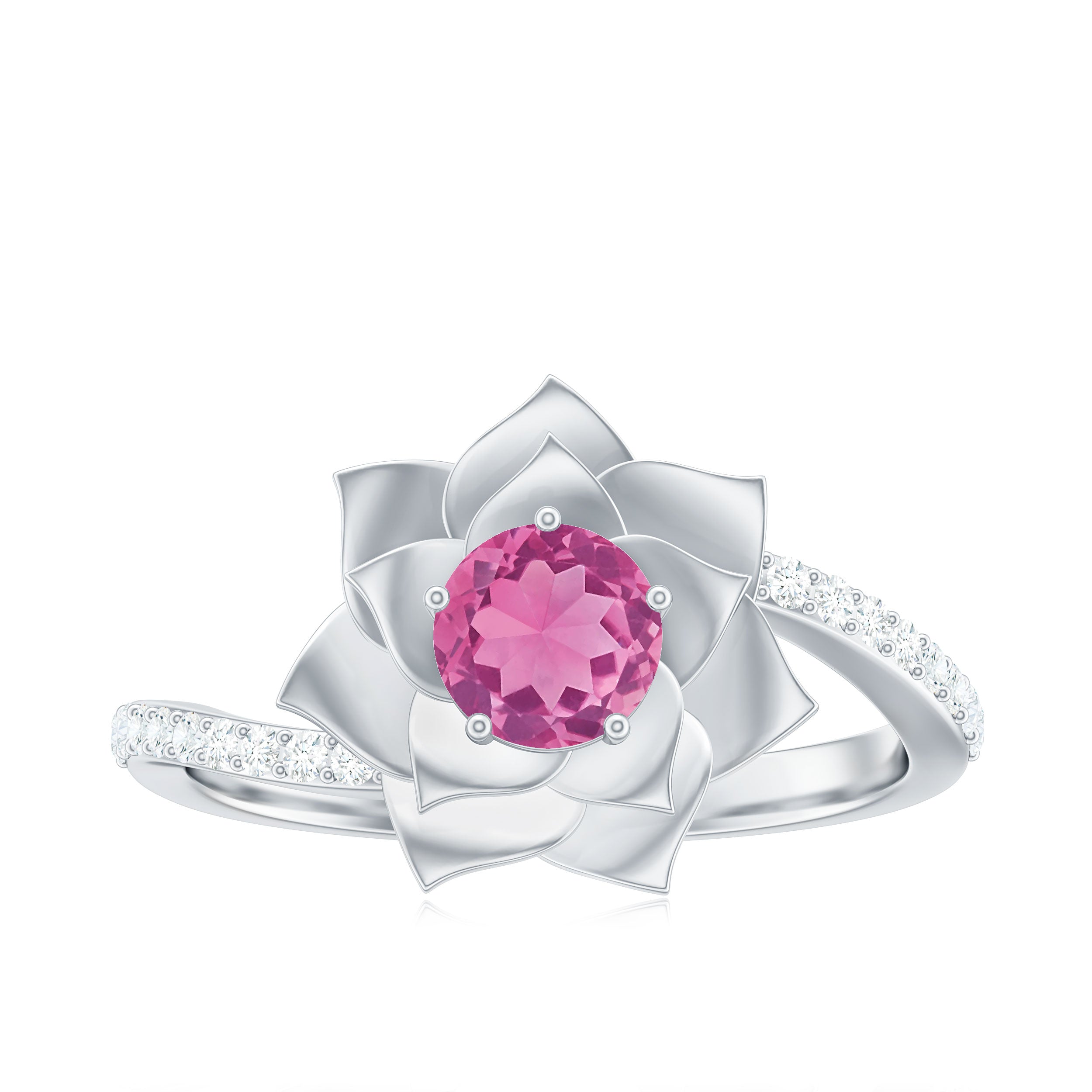 Pink Tourmaline and Diamond Flower Engagement Ring with Bypass Shank Pink Tourmaline - ( AAA ) - Quality - Rosec Jewels