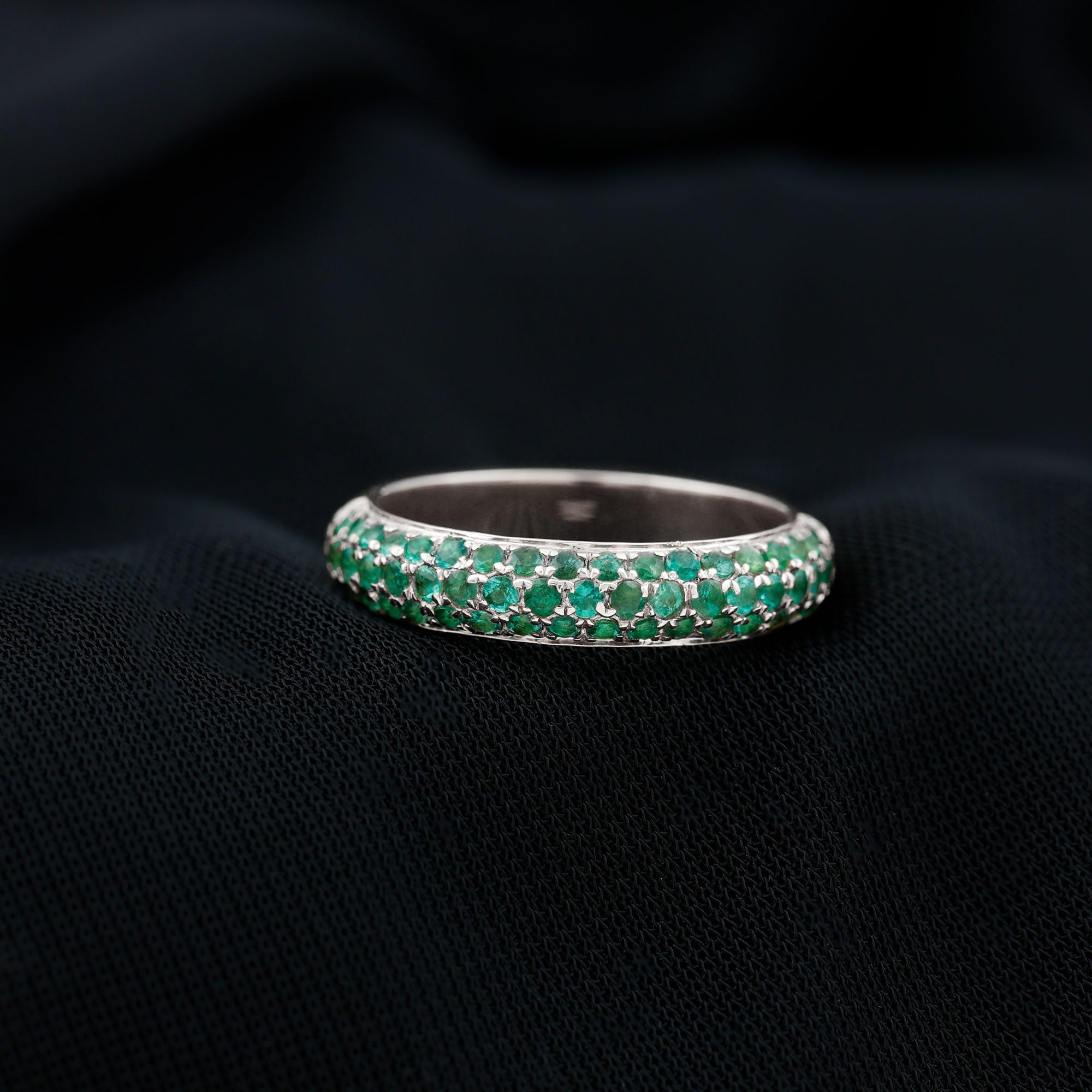 Pave Set Emerald Semi Eternity Band Ring Emerald - ( AAA ) - Quality - Rosec Jewels