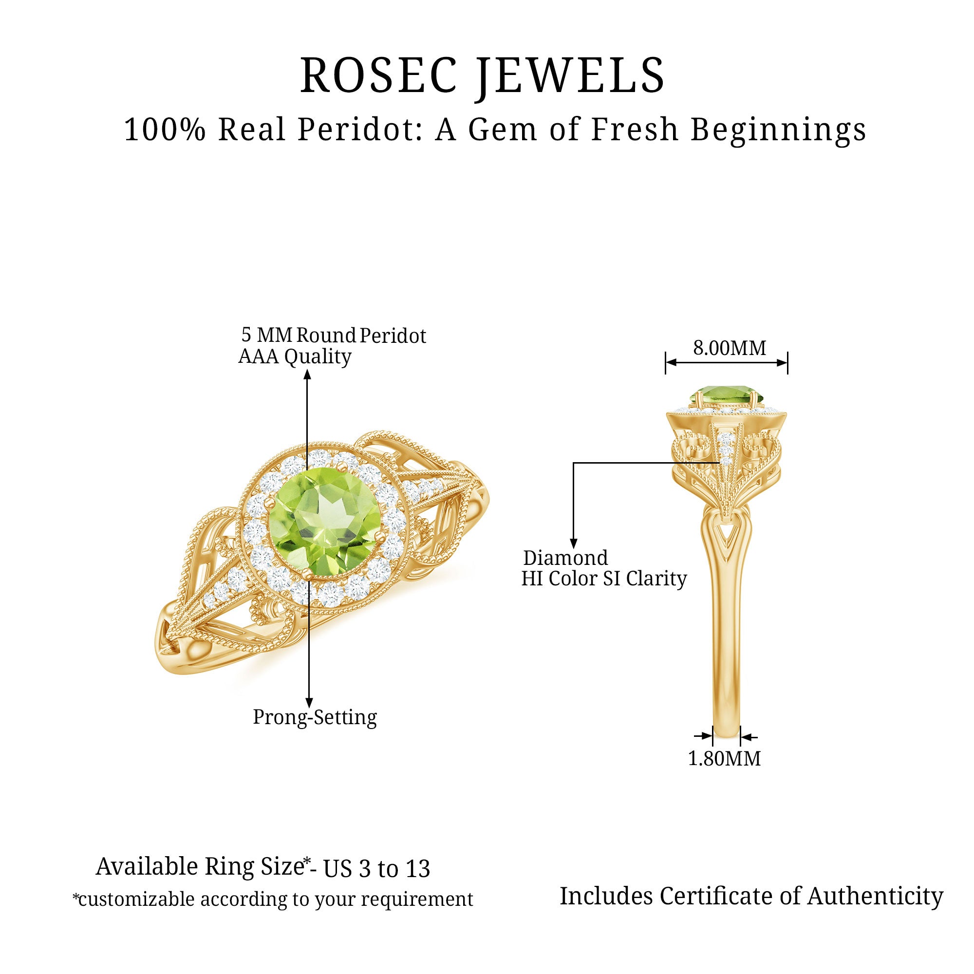 Vintage Inspired Peridot and Diamond Engagement Ring with Gold Beaded Peridot - ( AAA ) - Quality - Rosec Jewels