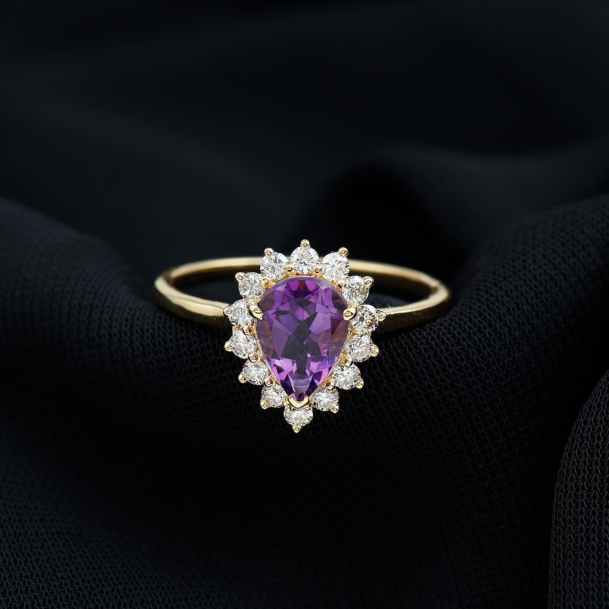 Pear Shape Amethyst Teardrop Ring with Diamond Halo Amethyst - ( AAA ) - Quality - Rosec Jewels