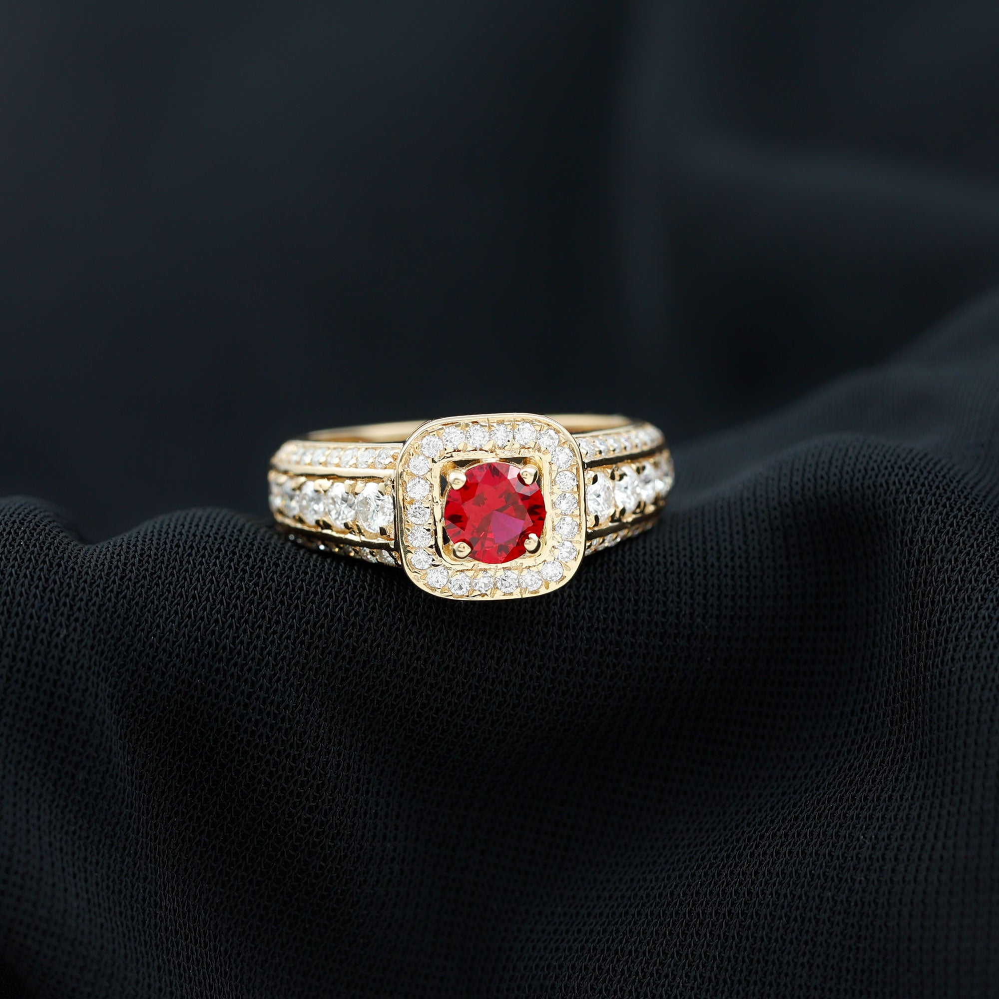 Lab Grown Ruby and Moissanite Halo Engagement Ring Lab Created Ruby - ( AAAA ) - Quality - Rosec Jewels