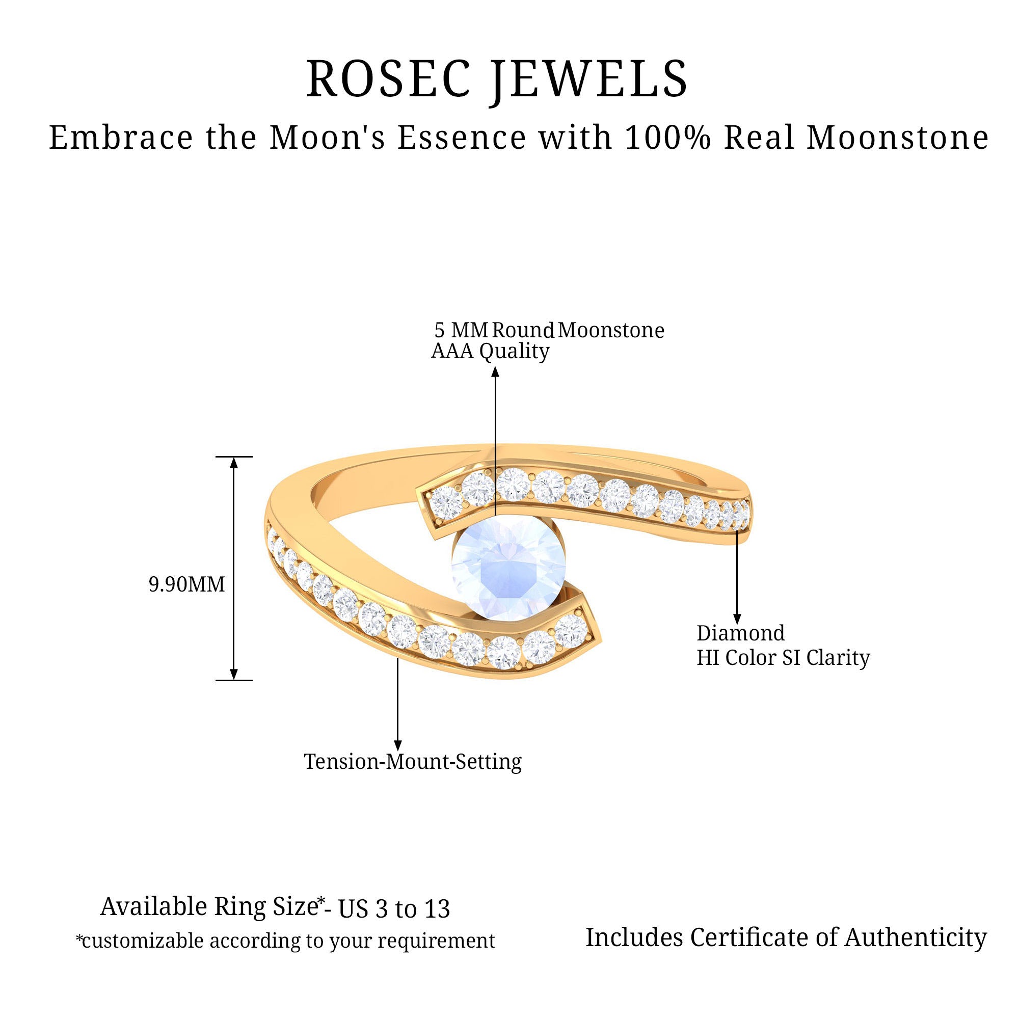 Moonstone Bypass Engagement Ring with Diamond Moonstone - ( AAA ) - Quality - Rosec Jewels