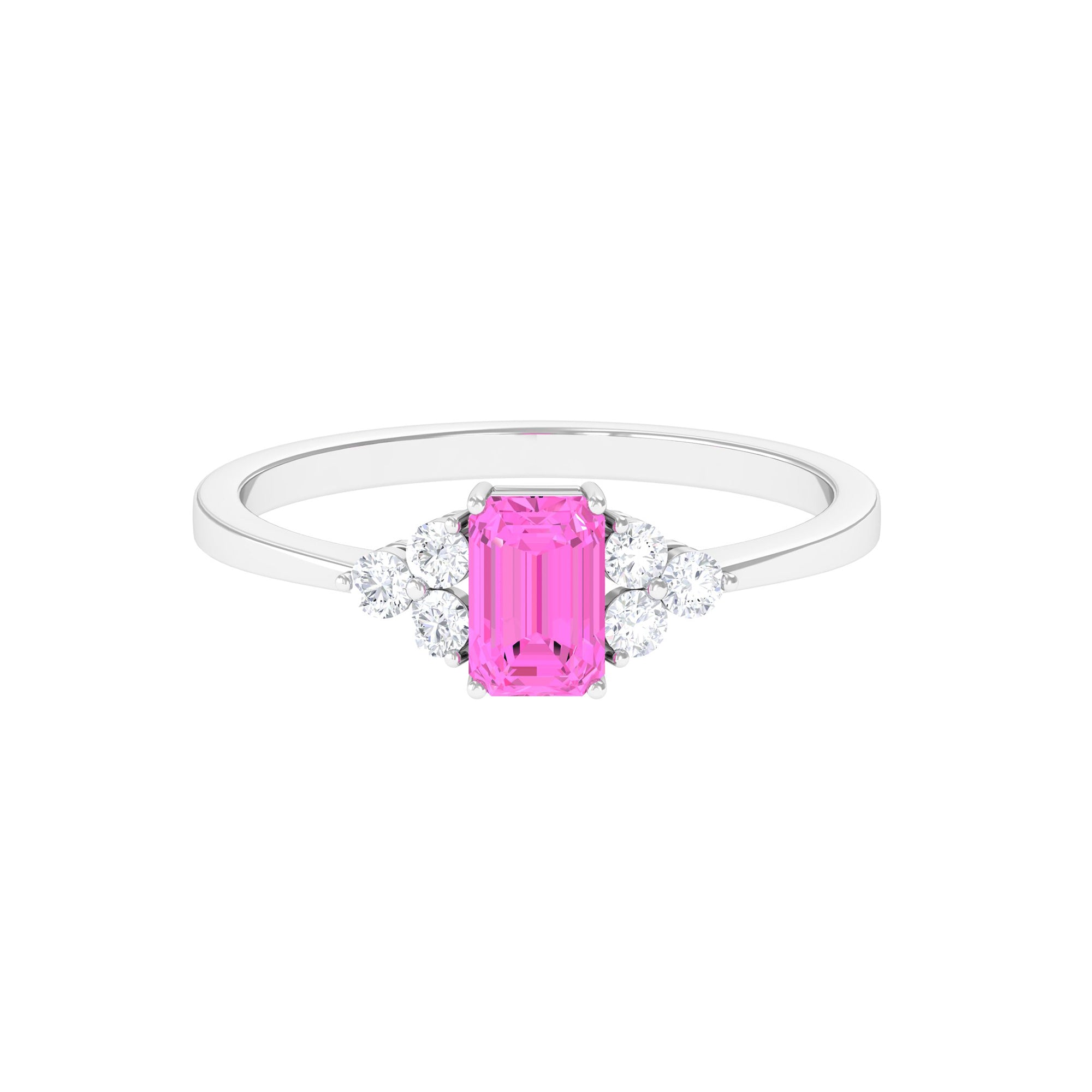 1 CT Emerald Cut Pink Sapphire Solitaire Engagement Ring with Diamond Trio Pink Sapphire - ( AAA ) - Quality - Rosec Jewels