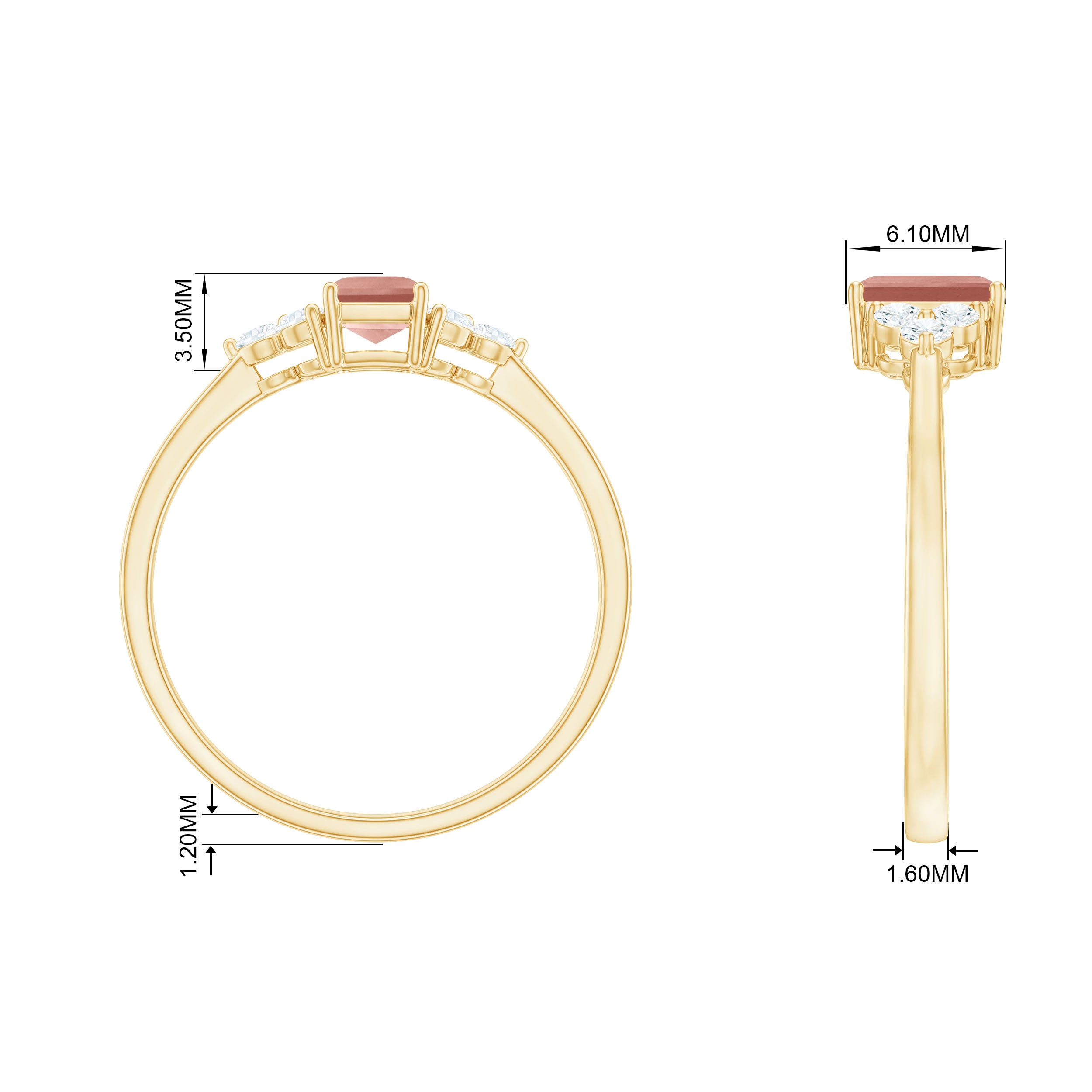 1 CT Emerald Cut Morganite Solitaire Ring with Diamond Trio Morganite - ( AAA ) - Quality - Rosec Jewels