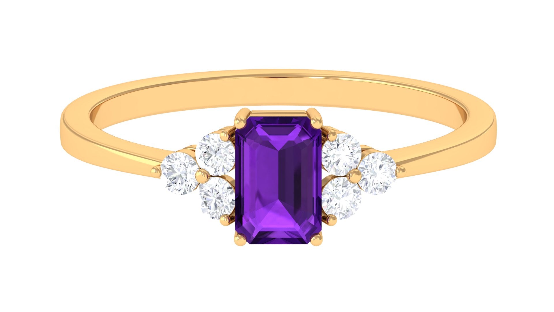 Octagon Cut Amethyst Solitaire Ring with Diamond Trio Amethyst - ( AAA ) - Quality - Rosec Jewels