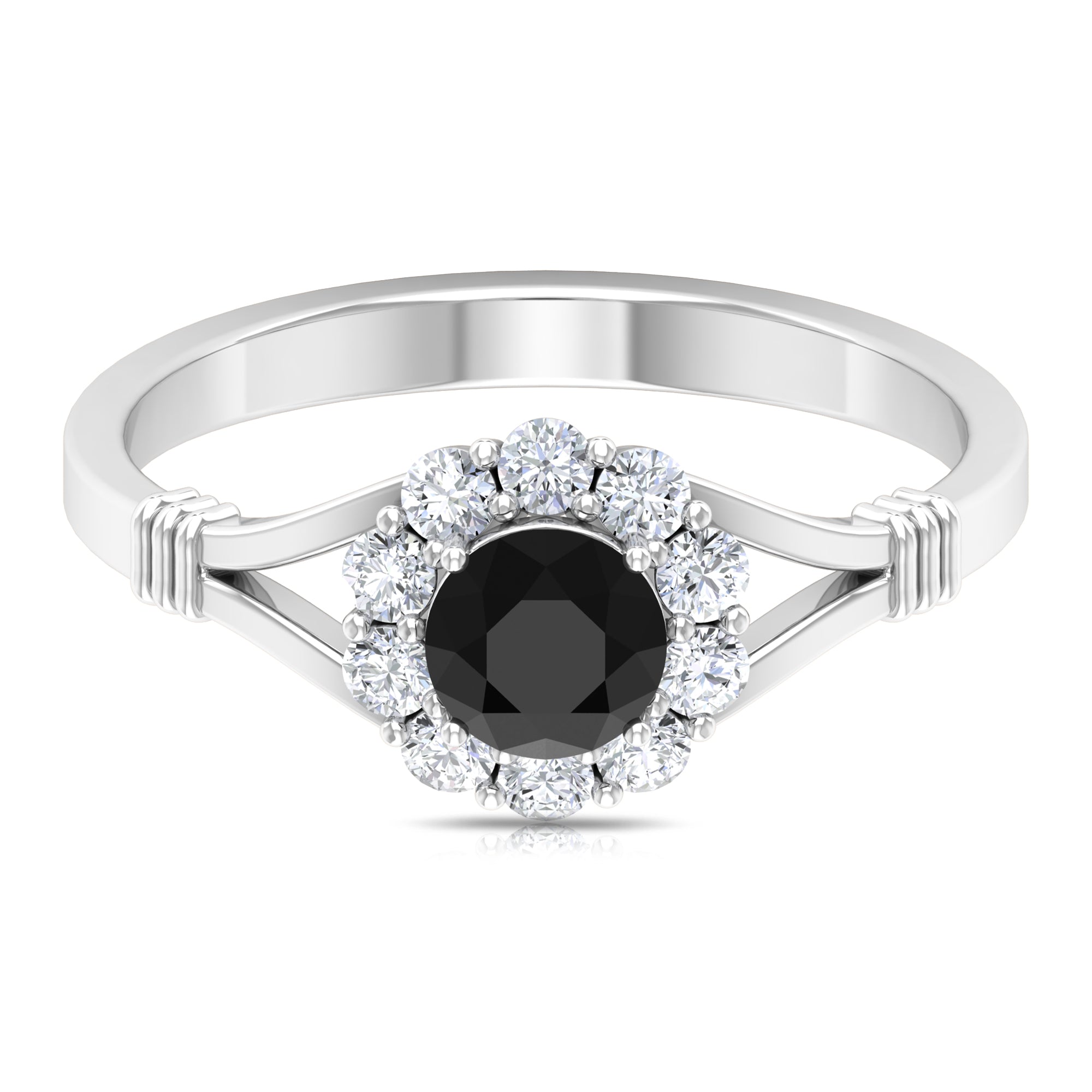 Black Onyx and Diamond Flower Halo Ring with Split Shank Black Onyx - ( AAA ) - Quality - Rosec Jewels