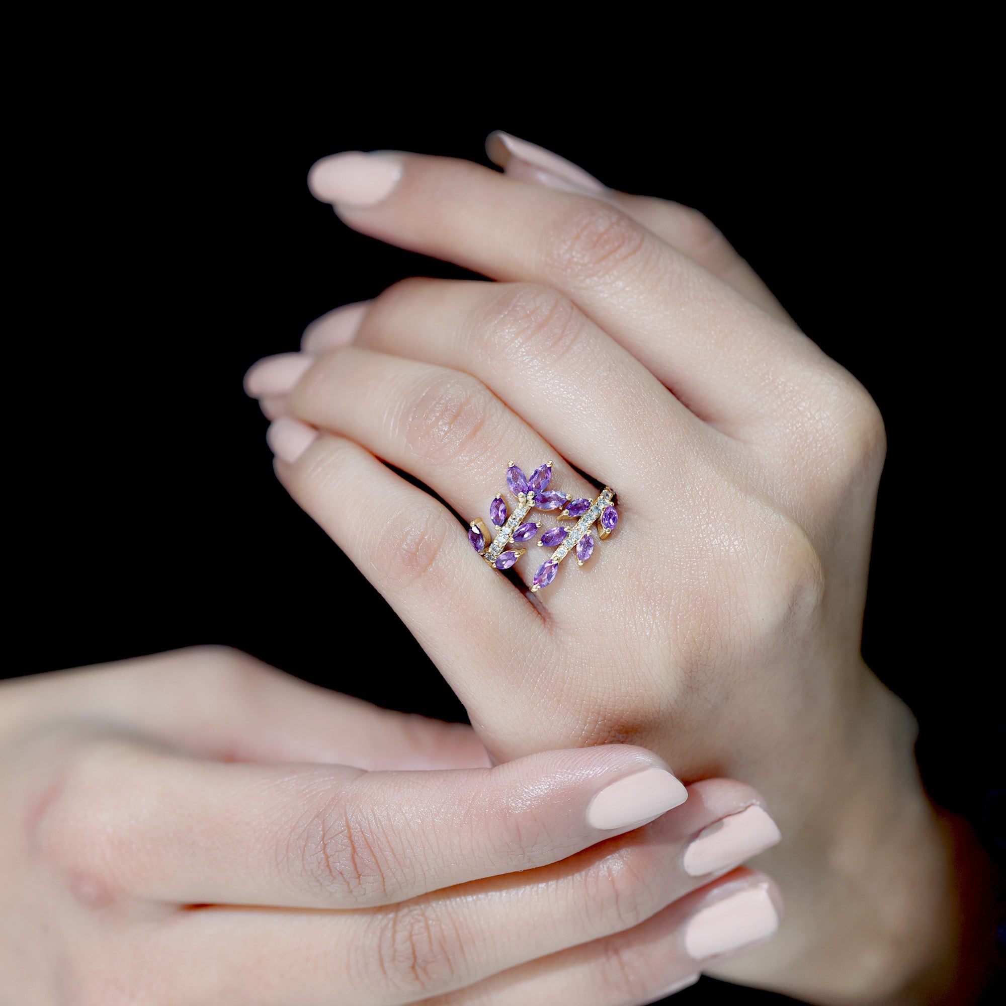 Amethyst and Diamond Wrap Leaf Ring Amethyst - ( AAA ) - Quality - Rosec Jewels