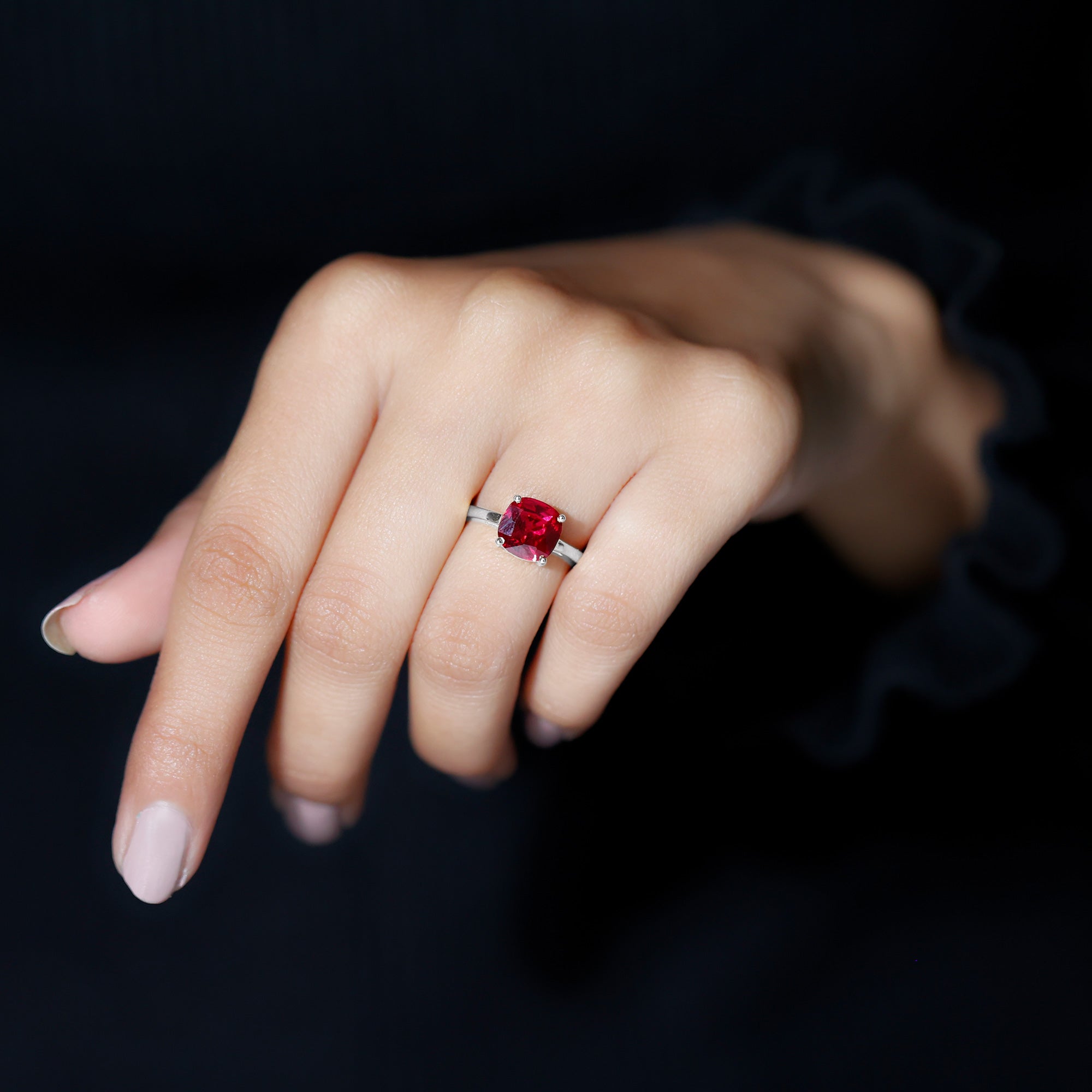 8 MM Cushion Cut Created Ruby Solitaire Ring Lab Created Ruby - ( AAAA ) - Quality - Rosec Jewels