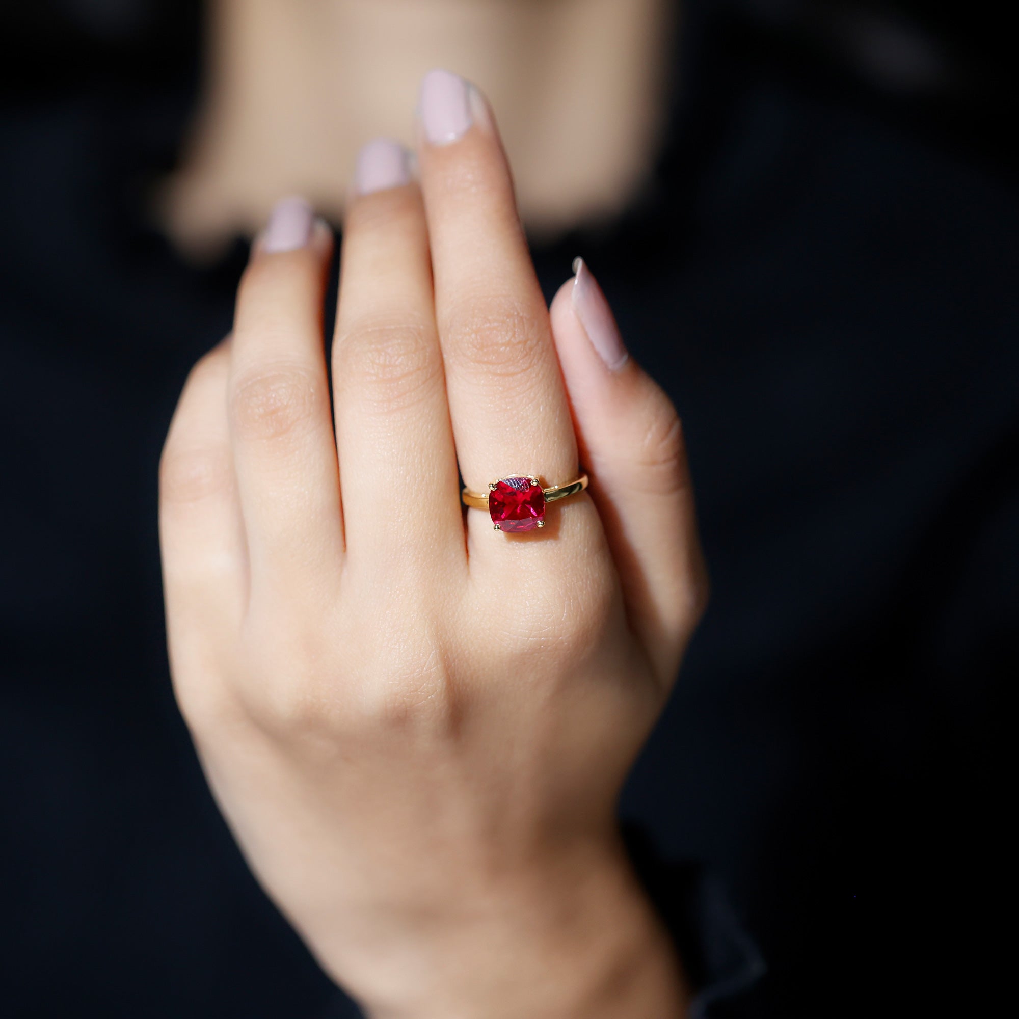 8 MM Cushion Cut Created Ruby Solitaire Ring Lab Created Ruby - ( AAAA ) - Quality - Rosec Jewels