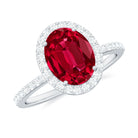 Certified Lab Grown Ruby Oval Engagement Ring With Moissanite Halo Lab Created Ruby - ( AAAA ) - Quality - Rosec Jewels