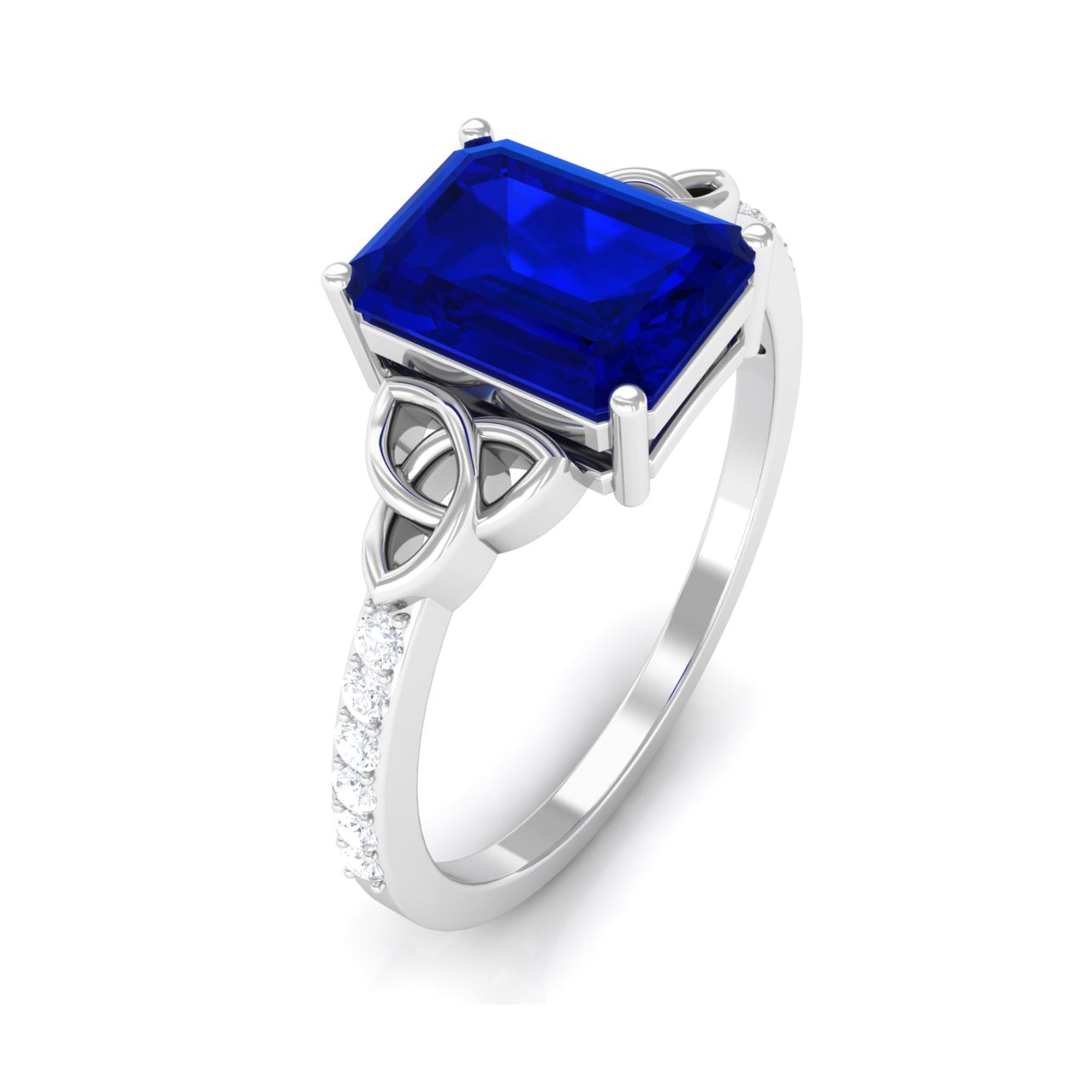 Octagon Cut Solitaire Created Blue Sapphire Celtic Engagement Ring with Diamond Lab Created Blue Sapphire - ( AAAA ) - Quality - Rosec Jewels