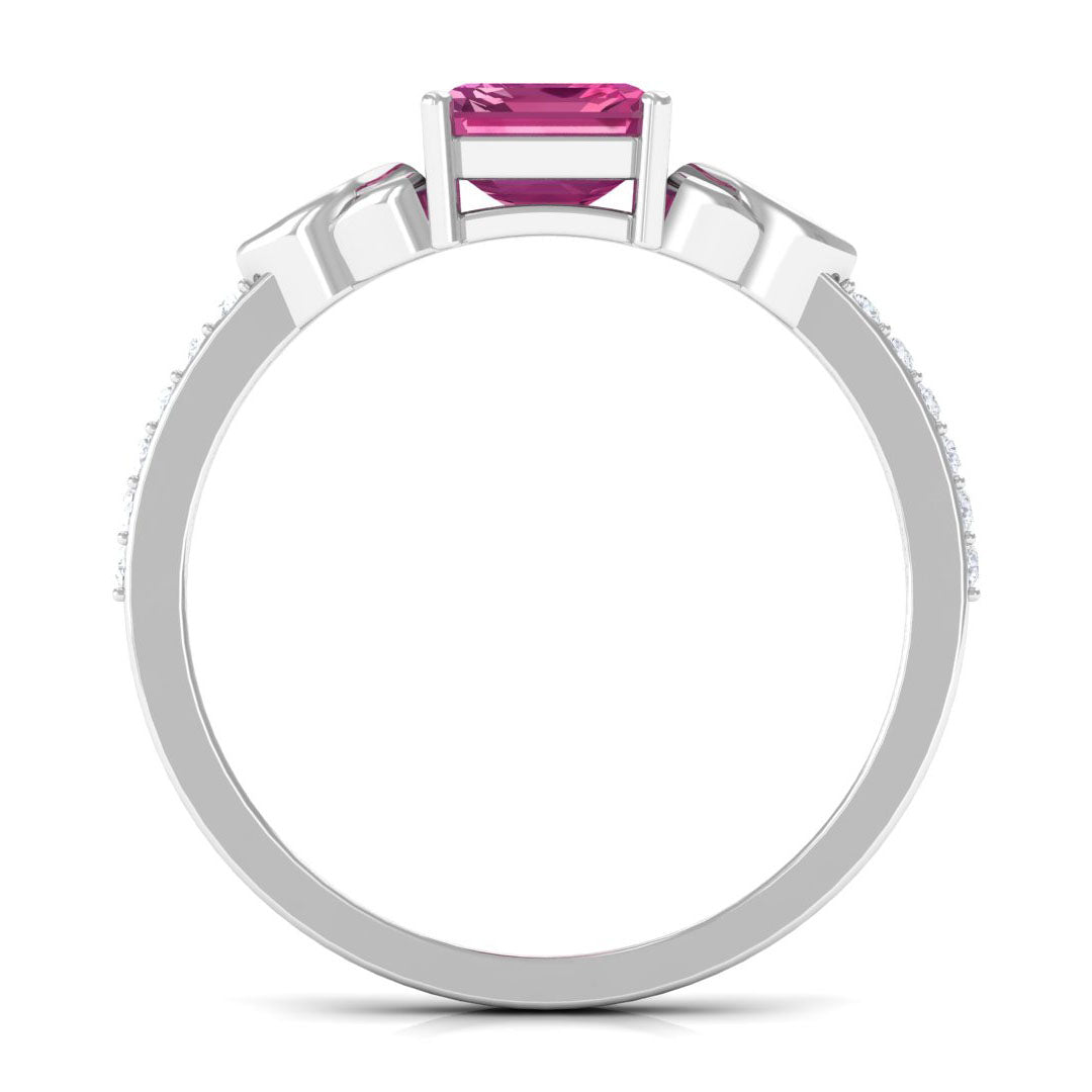 Emerald Cut Pink Tourmaline Solitaire Celtic Engagement Ring with Diamond Pink Tourmaline - ( AAA ) - Quality - Rosec Jewels