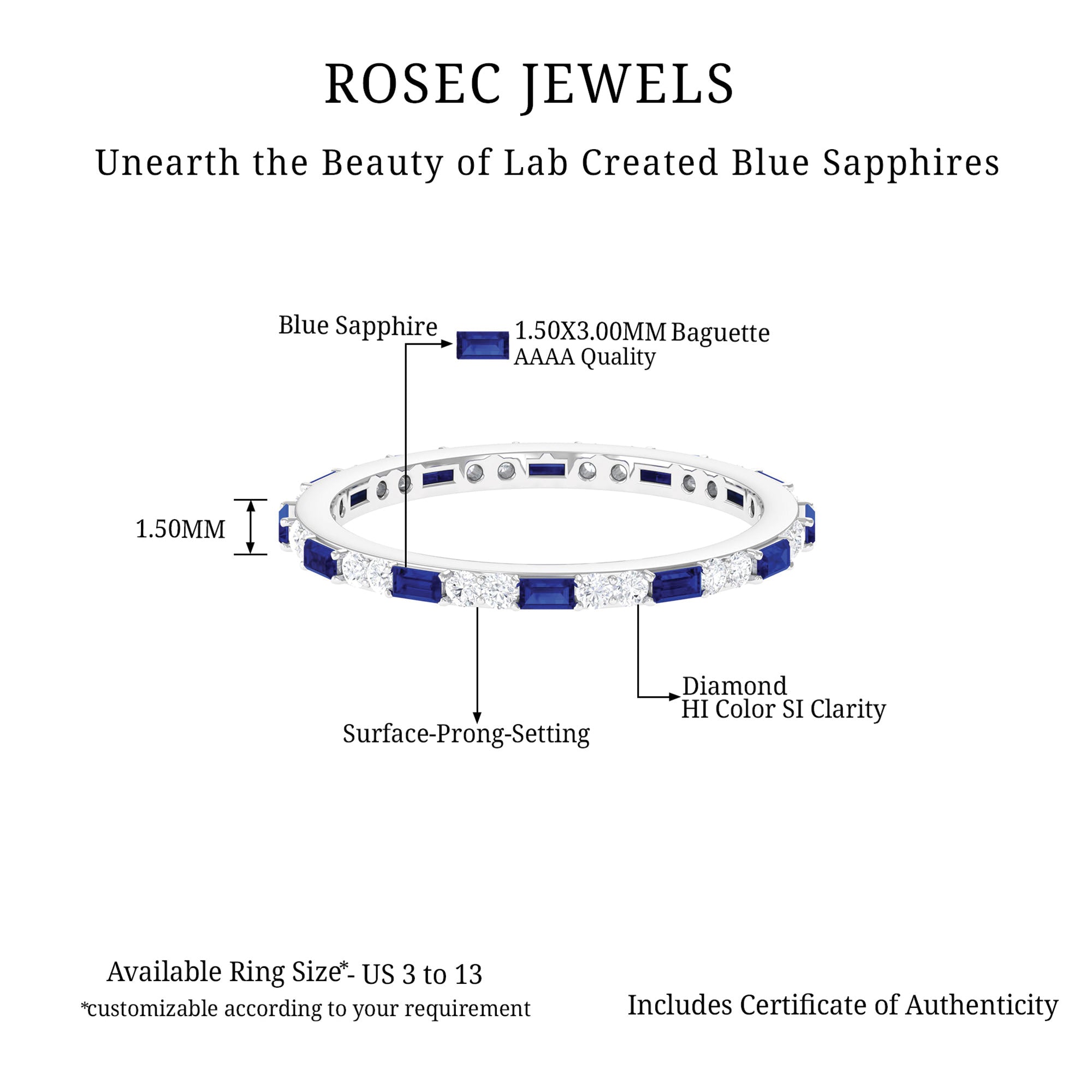 1.25 CT Baguette Created Blue Sapphire Full Eternity Ring with Diamond Lab Created Blue Sapphire - ( AAAA ) - Quality - Rosec Jewels