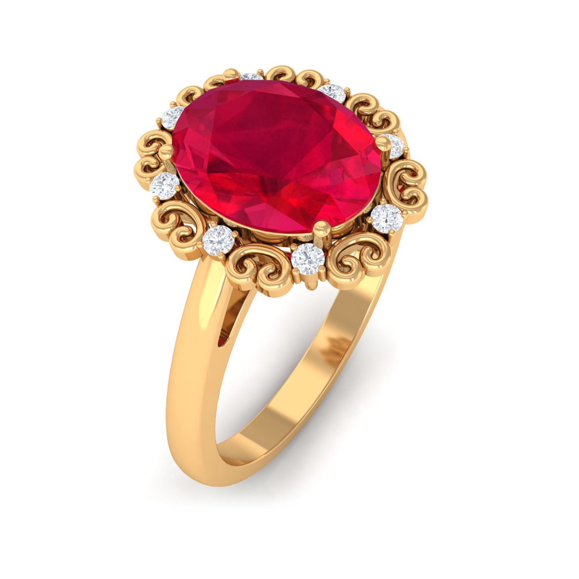 Vintage Inspired Created Ruby Engagement Ring with Diamond Lab Created Ruby - ( AAAA ) - Quality - Rosec Jewels