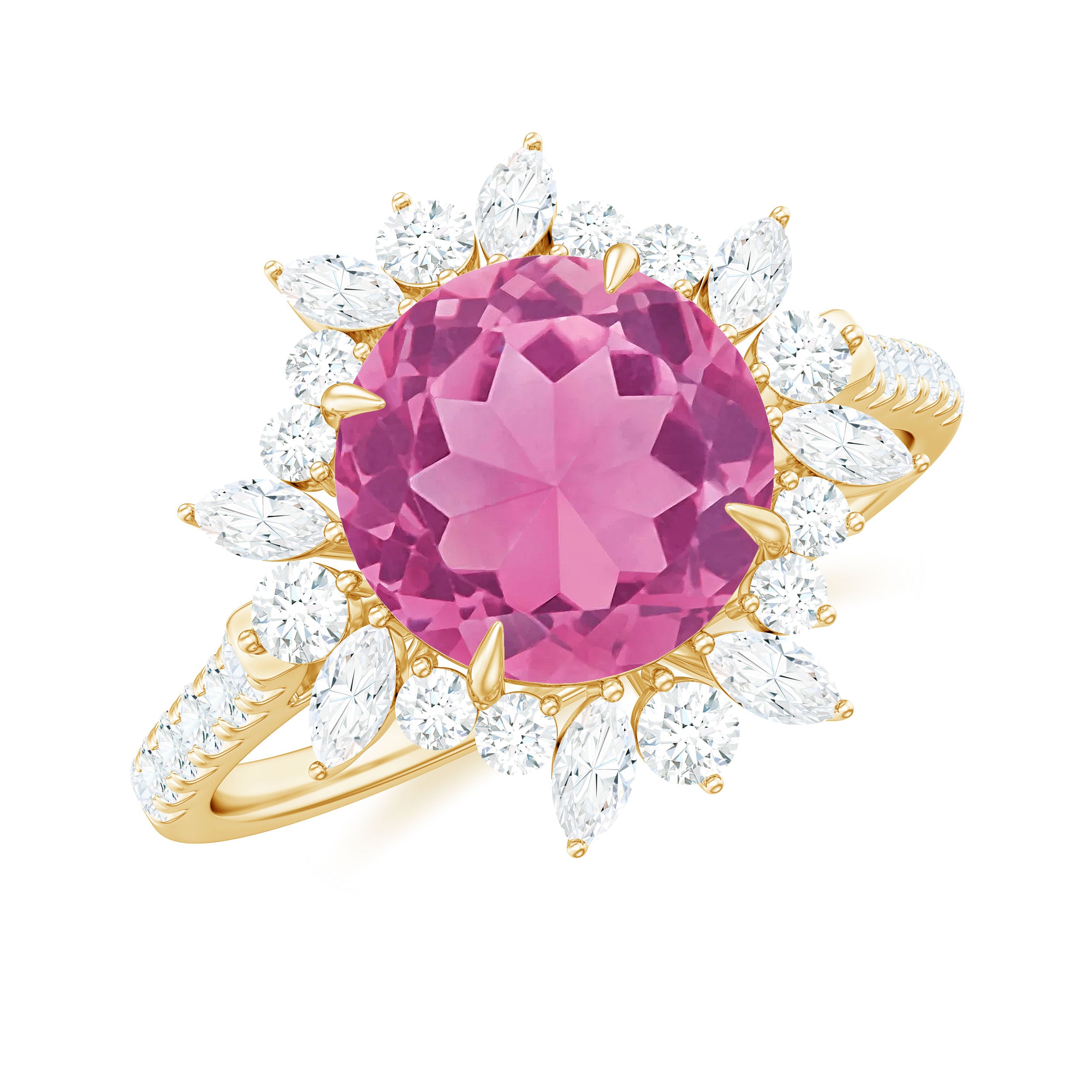 3 CT Round Pink Tourmaline Statement Ring with Moissanite Floral Halo Pink Tourmaline - ( AAA ) - Quality - Rosec Jewels