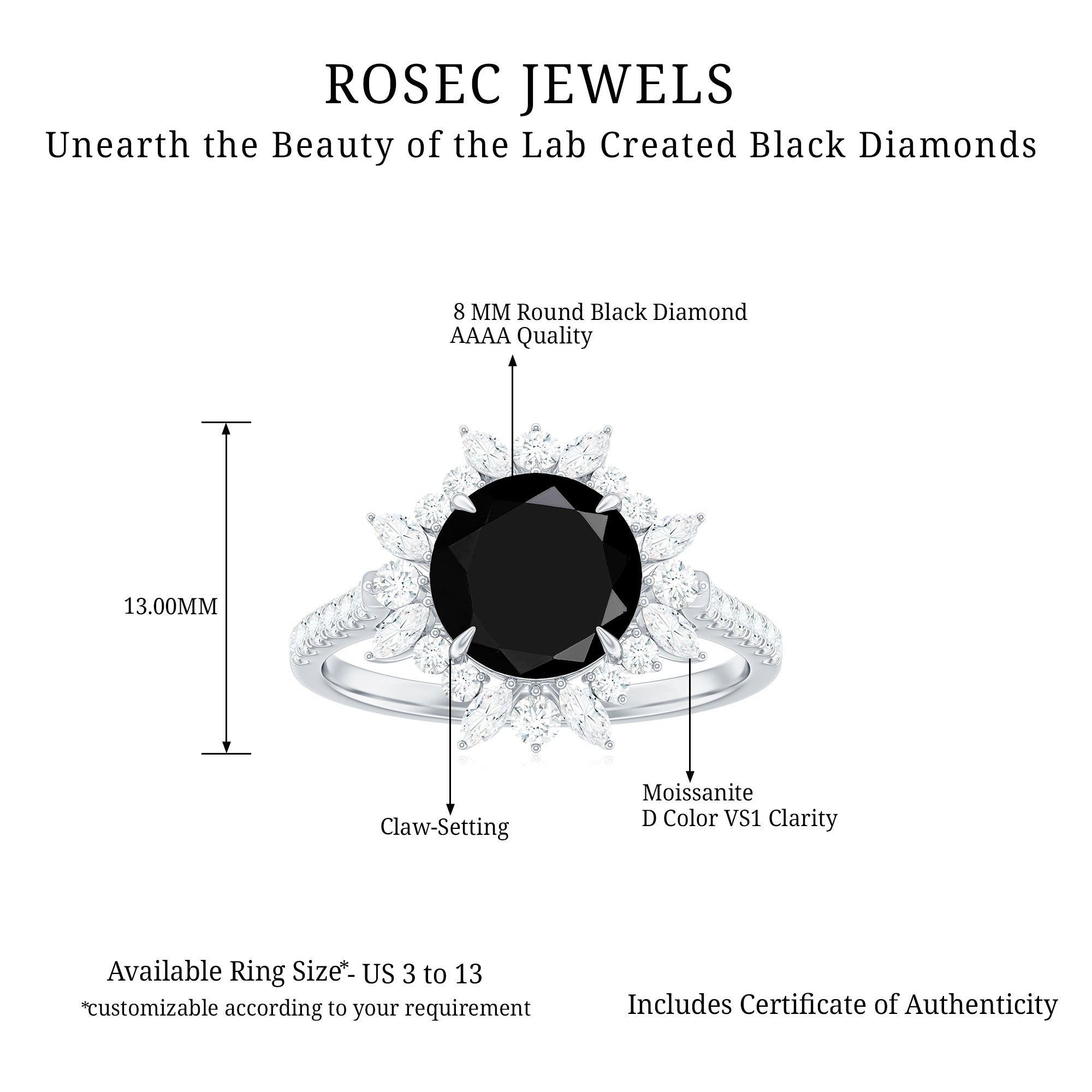 Round Created Black Diamond Statement Ring with Moissanite Floral Halo Lab Created Black Diamond - ( AAAA ) - Quality - Rosec Jewels