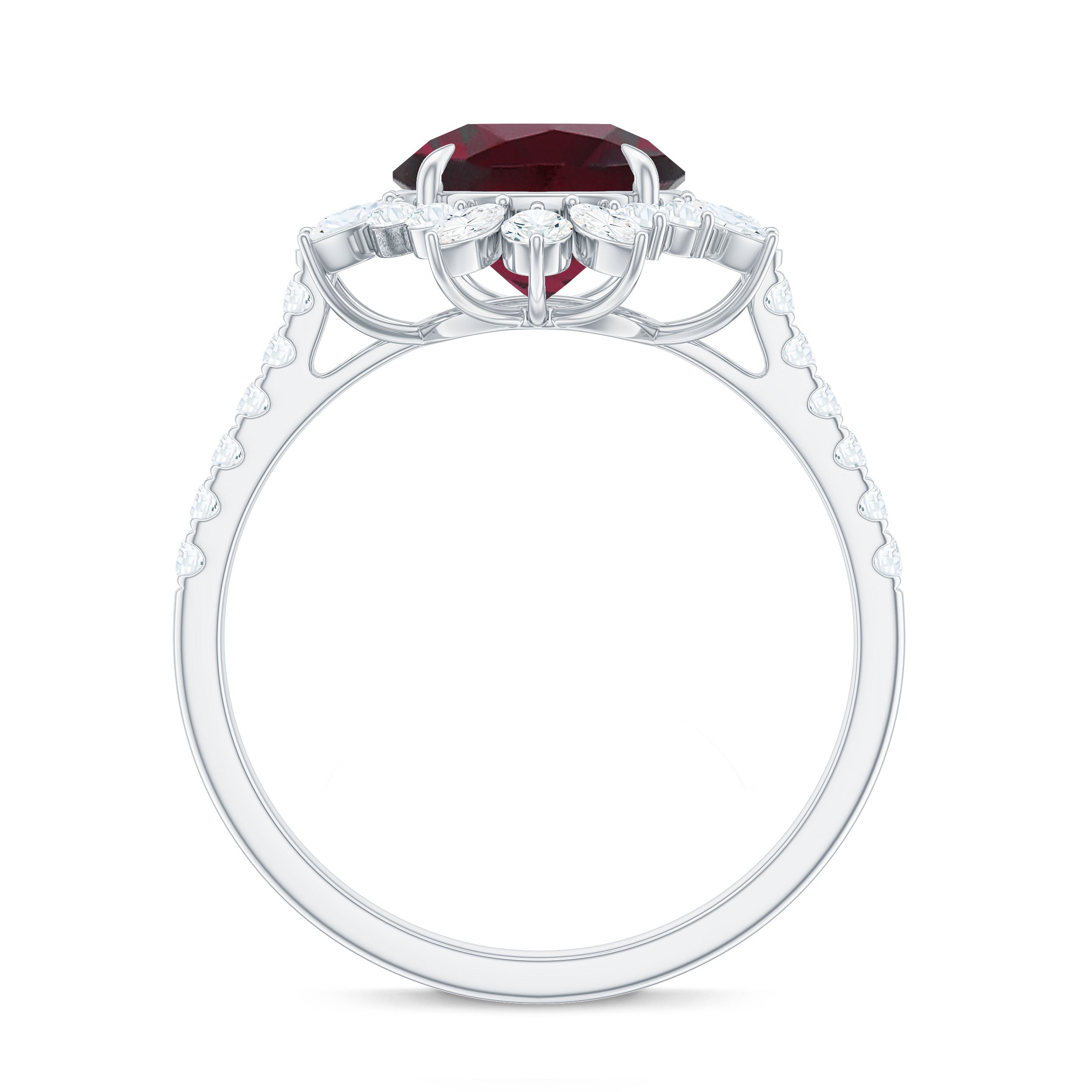 Round Rhodolite Statement Ring with Moissanite Floral Halo Rhodolite - ( AAA ) - Quality - Rosec Jewels