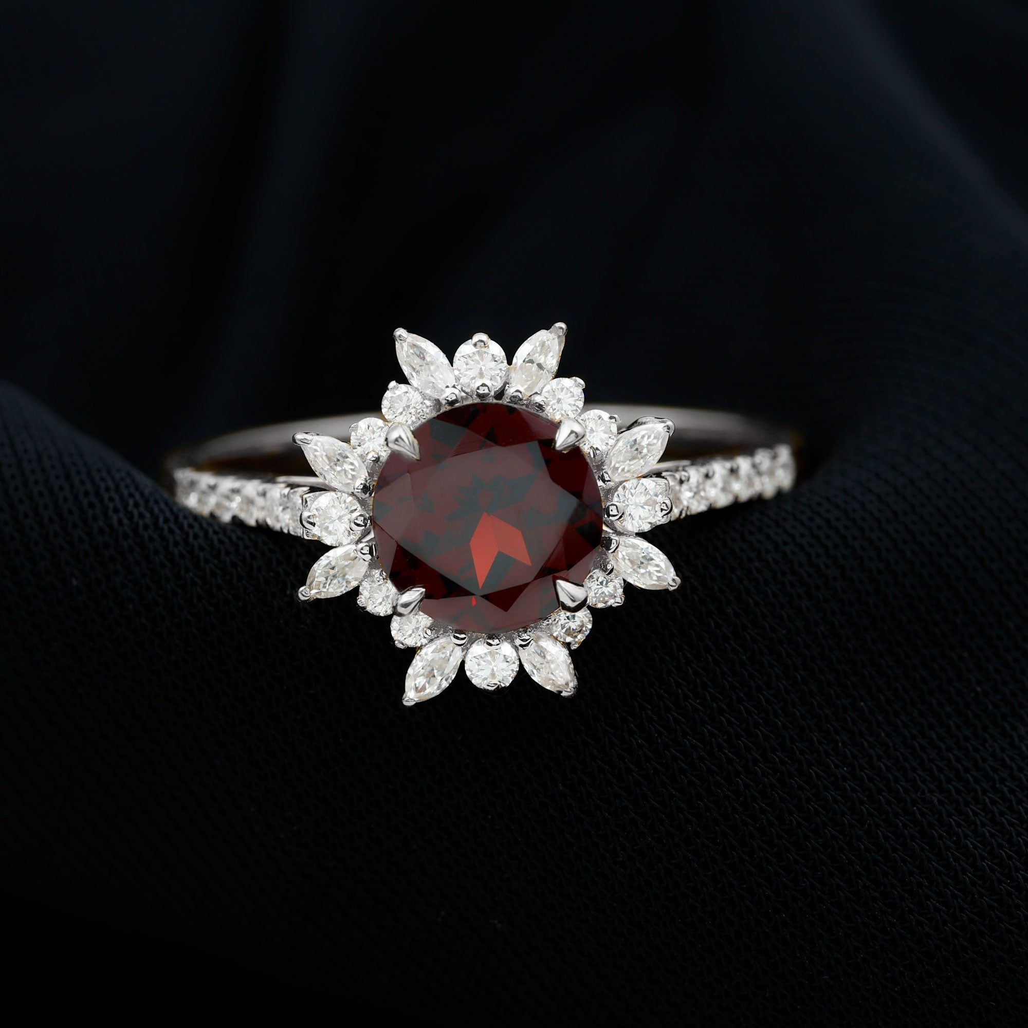 Round Garnet Statement Ring with Diamond Floral Halo Garnet - ( AAA ) - Quality - Rosec Jewels