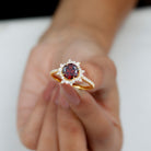 Round Garnet Statement Ring with Diamond Floral Halo Garnet - ( AAA ) - Quality - Rosec Jewels