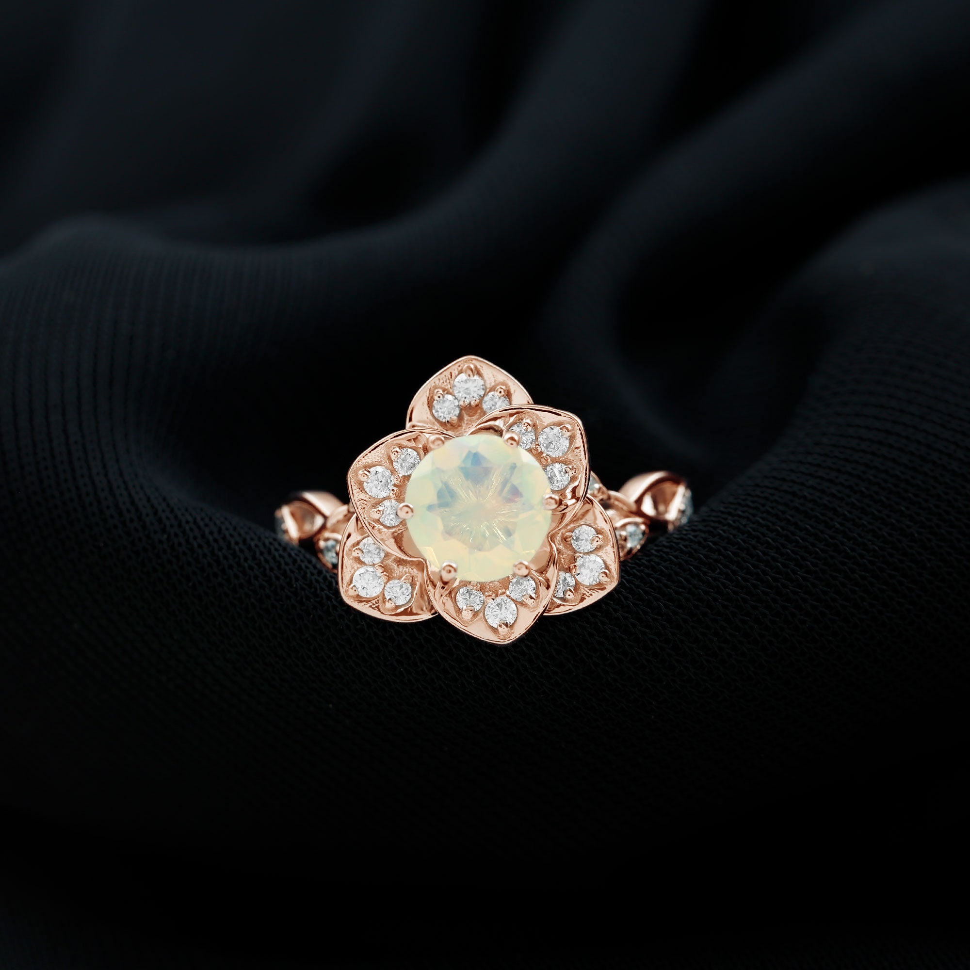 Ethiopian Opal Flower Engagement Ring with Diamond Accent Ethiopian Opal - ( AAA ) - Quality - Rosec Jewels